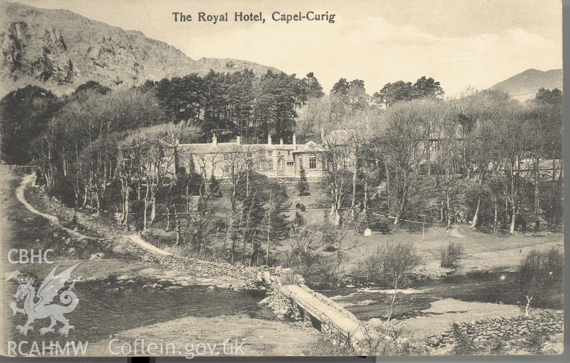 Digitised postcard image of Royal Hotel, Capel Curig. Produced by Parks and Gardens Data Services, from an original item in the Peter Davis Collection at Parks and Gardens UK. We hold only web-resolution images of this collection, suitable for viewing on screen and for research purposes only. We do not hold the original images, or publication quality scans.