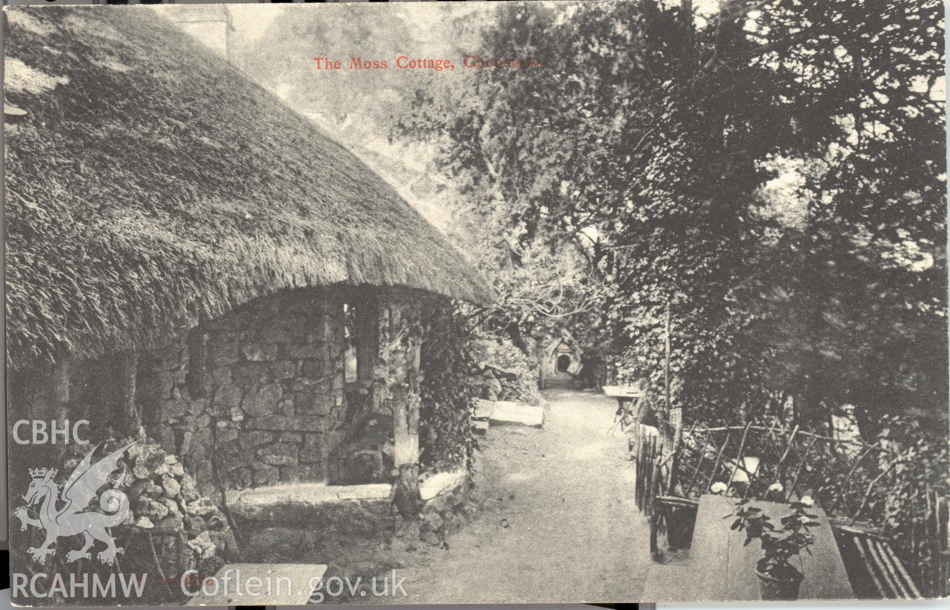 Digitised postcard image of Moss Cottage, Wyndcliffe. Produced by Parks and Gardens Data Services, from an original item in the Peter Davis Collection at Parks and Gardens UK. We hold only web-resolution images of this collection, suitable for viewing on screen and for research purposes only. We do not hold the original images, or publication quality scans.