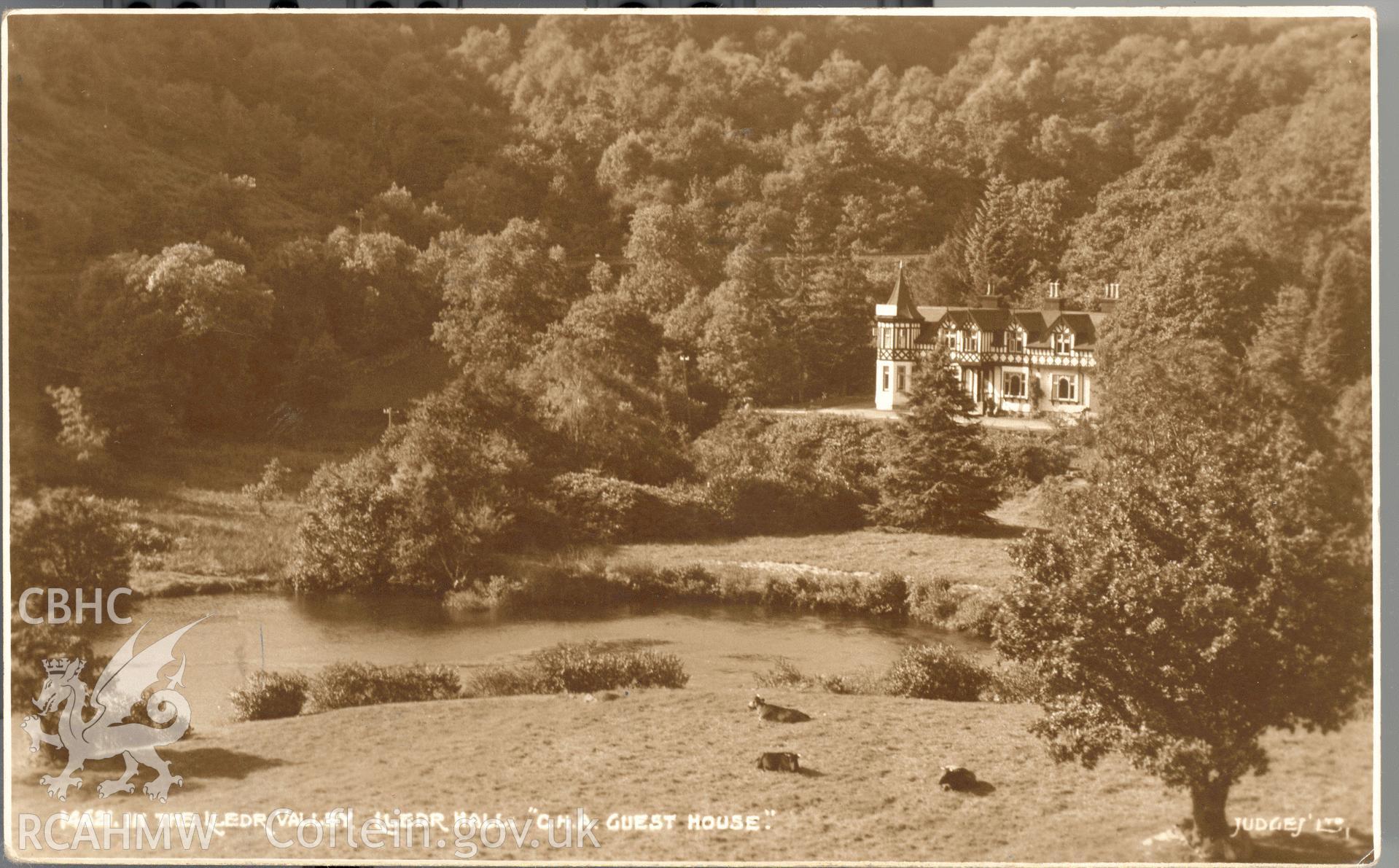Digitised postcard image of  Lledr Hall, Dolwyddelan, Judges Ltd , Hastings. Produced by Parks and Gardens Data Services, from an original item in the Peter Davis Collection at Parks and Gardens UK. We hold only web-resolution images of this collection, suitable for viewing on screen and for research purposes only. We do not hold the original images, or publication quality scans.