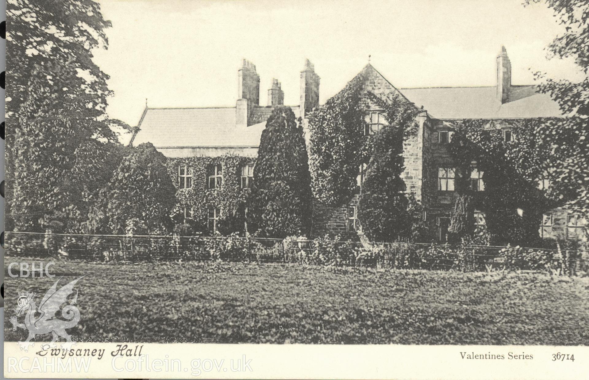 Digitised postcard image of Gwysaney Hall, Valentine's Series. Produced by Parks and Gardens Data Services, from an original item in the Peter Davis Collection at Parks and Gardens UK. We hold only web-resolution images of this collection, suitable for viewing on screen and for research purposes only. We do not hold the original images, or publication quality scans.