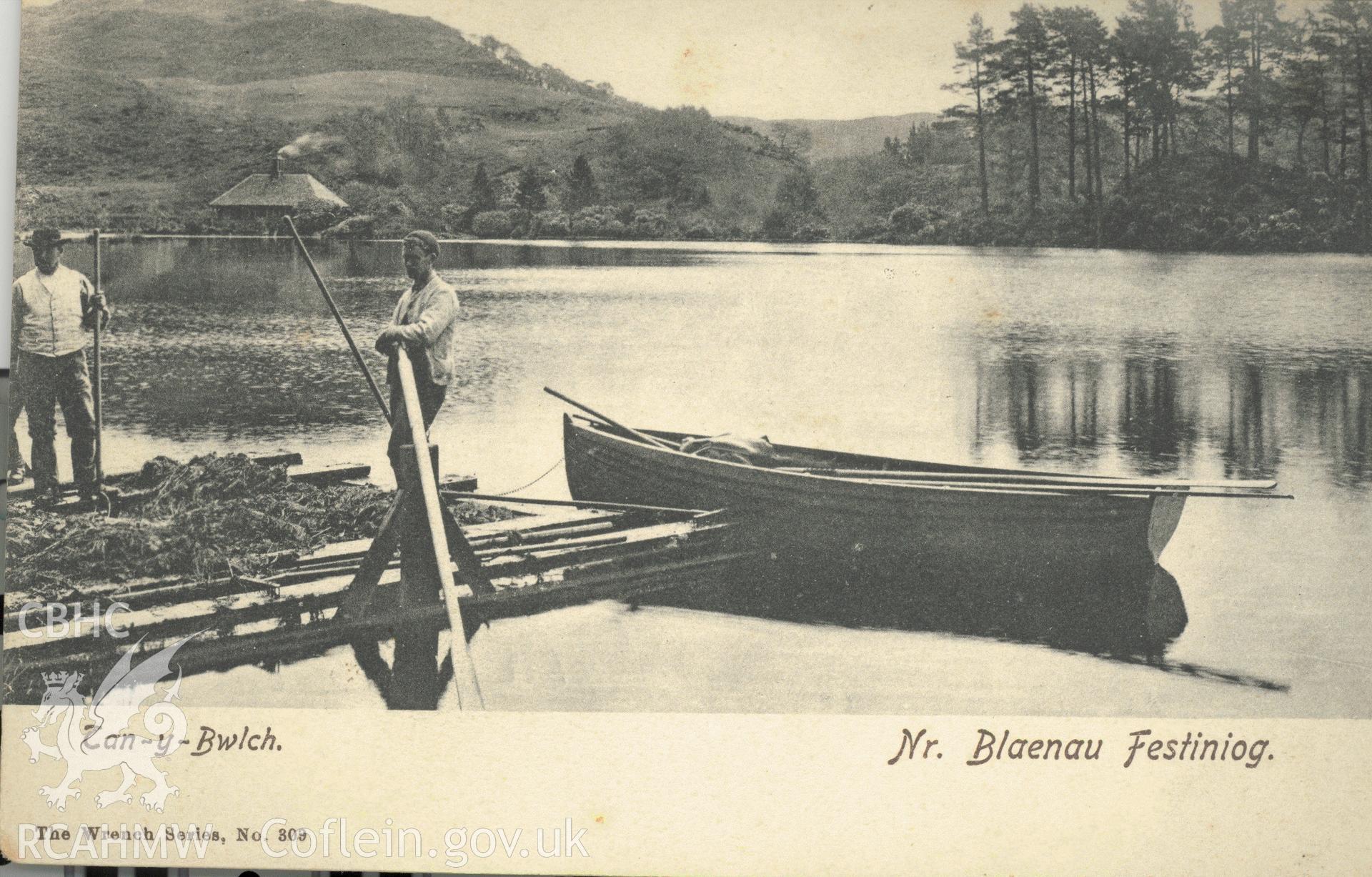 Digitised postcard image of Plas Tanybwlch, Upper Lodge, including Llyn Mair and boatmen. Produced by Parks and Gardens Data Services, from an original item in the Peter Davis Collection at Parks and Gardens UK. We hold only web-resolution images of this collection, suitable for viewing on screen and for research purposes only. We do not hold the original images, or publication quality scans.