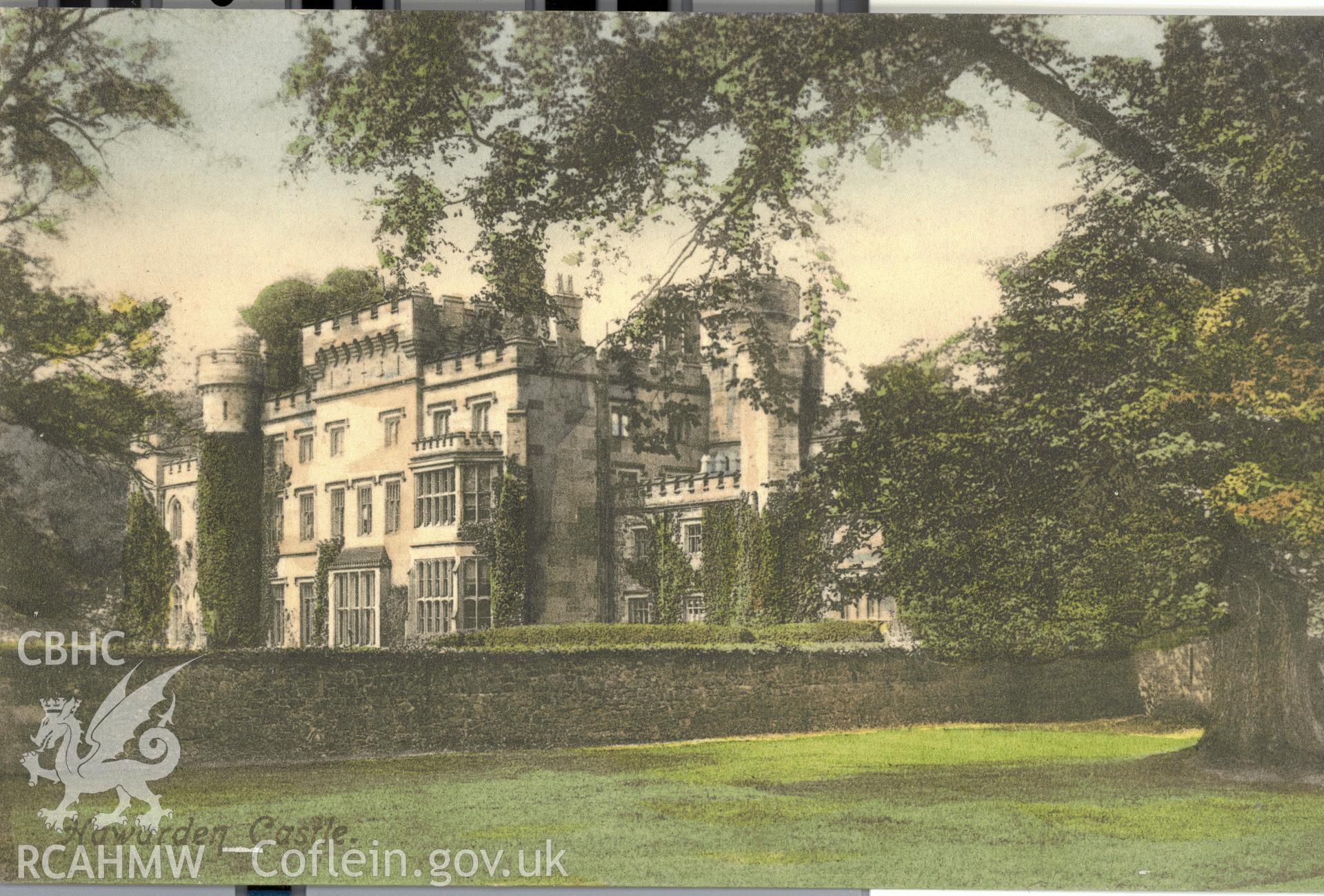 Digitised postcard image of Hawarden Castle, F. Frith & Co Ltd Reigate. Produced by Parks and Gardens Data Services, from an original item in the Peter Davis Collection at Parks and Gardens UK. We hold only web-resolution images of this collection, suitable for viewing on screen and for research purposes only. We do not hold the original images, or publication quality scans.
