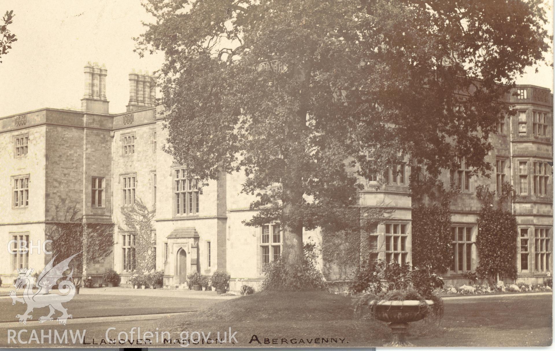 Digitised postcard image of Llanover House, Llanover. Produced by Parks and Gardens Data Services, from an original item in the Peter Davis Collection at Parks and Gardens UK. We hold only web-resolution images of this collection, suitable for viewing on screen and for research purposes only. We do not hold the original images, or publication quality scans.