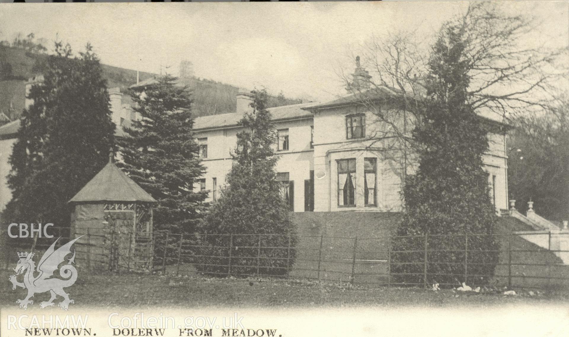 Digitised postcard image of Dolerw, Newtown, Park and Son, Newtown. Produced by Parks and Gardens Data Services, from an original item in the Peter Davis Collection at Parks and Gardens UK. We hold only web-resolution images of this collection, suitable for viewing on screen and for research purposes only. We do not hold the original images, or publication quality scans.