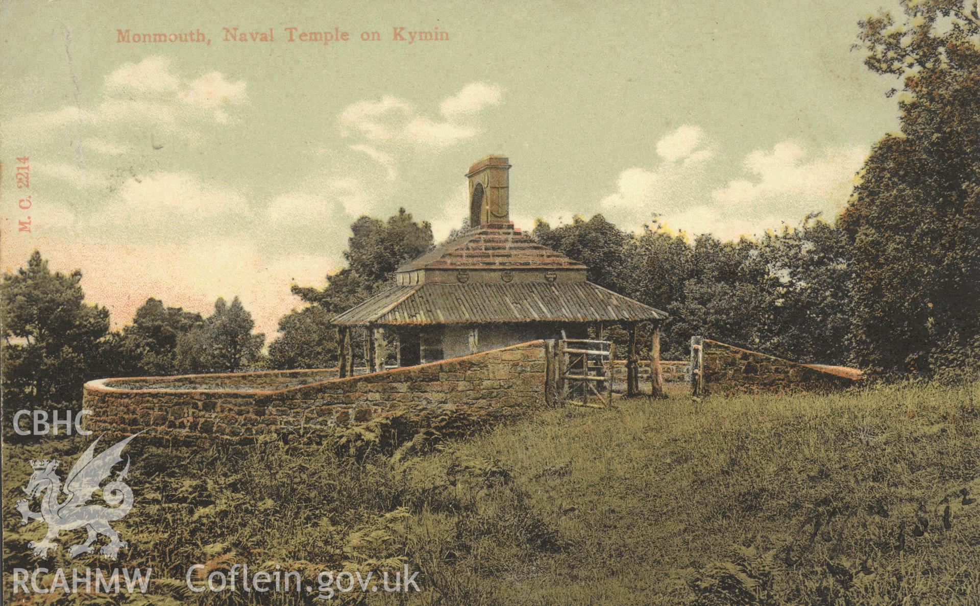 Digitised postcard image of Kymin Naval Temple, Monmouth, Pictorial Stationery Company LTD. Produced by Parks and Gardens Data Services, from an original item in the Peter Davis Collection at Parks and Gardens UK. We hold only web-resolution images of this collection, suitable for viewing on screen and for research purposes only. We do not hold the original images, or publication quality scans.