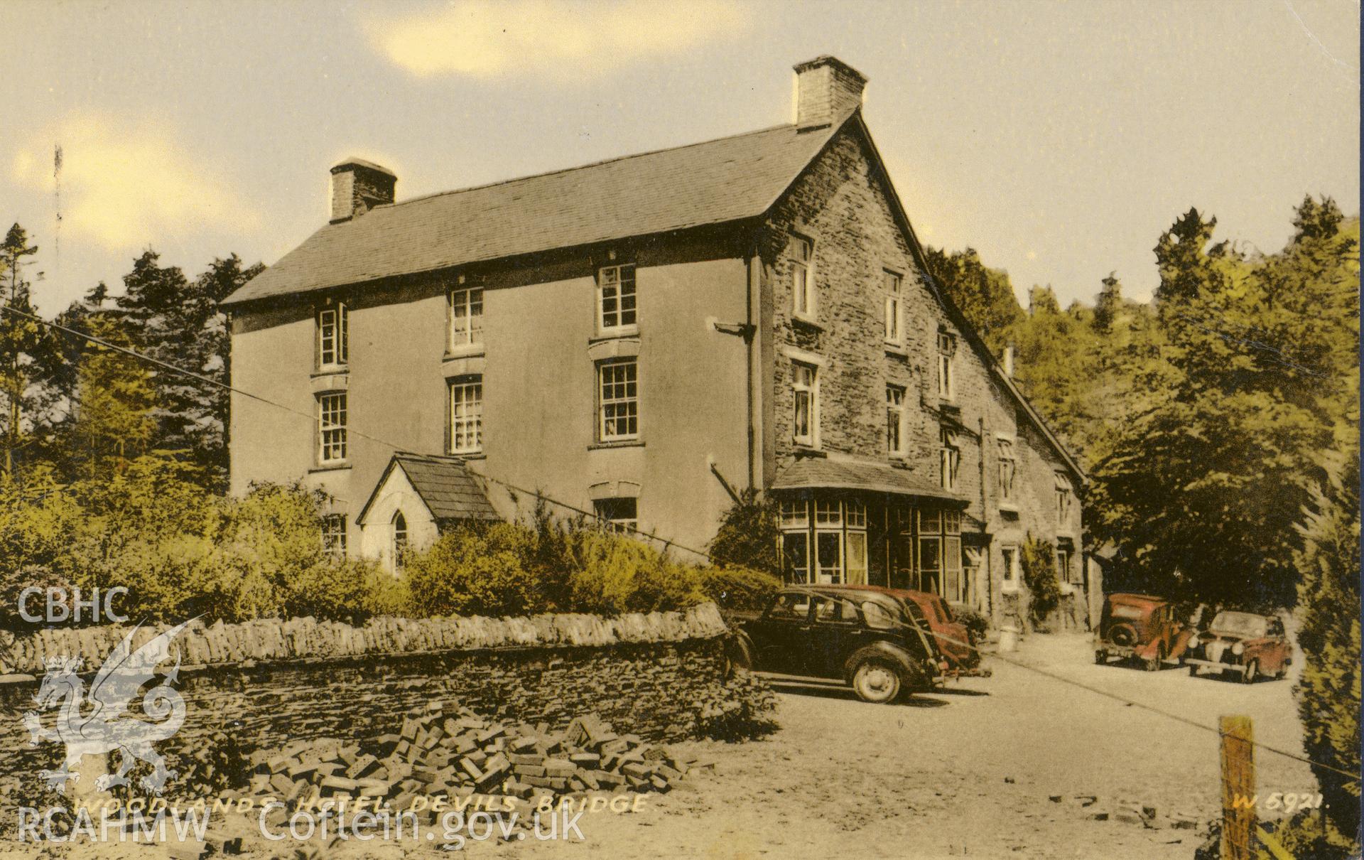 Digitised postcard image of Woodlands Hotel, Ty'n Llwyn, Valentine's Series. Produced by Parks and Gardens Data Services, from an original item in the Peter Davis Collection at Parks and Gardens UK. We hold only web-resolution images of this collection, suitable for viewing on screen and for research purposes only. We do not hold the original images, or publication quality scans.