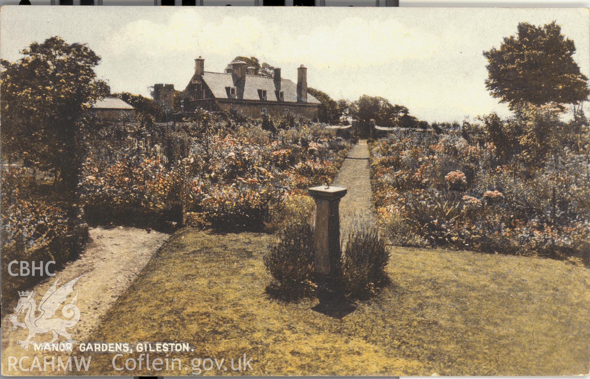 Digitised postcard image of Gileston Manor and garden. Produced by Parks and Gardens Data Services, from an original item in the Peter Davis Collection at Parks and Gardens UK. We hold only web-resolution images of this collection, suitable for viewing on screen and for research purposes only. We do not hold the original images, or publication quality scans.