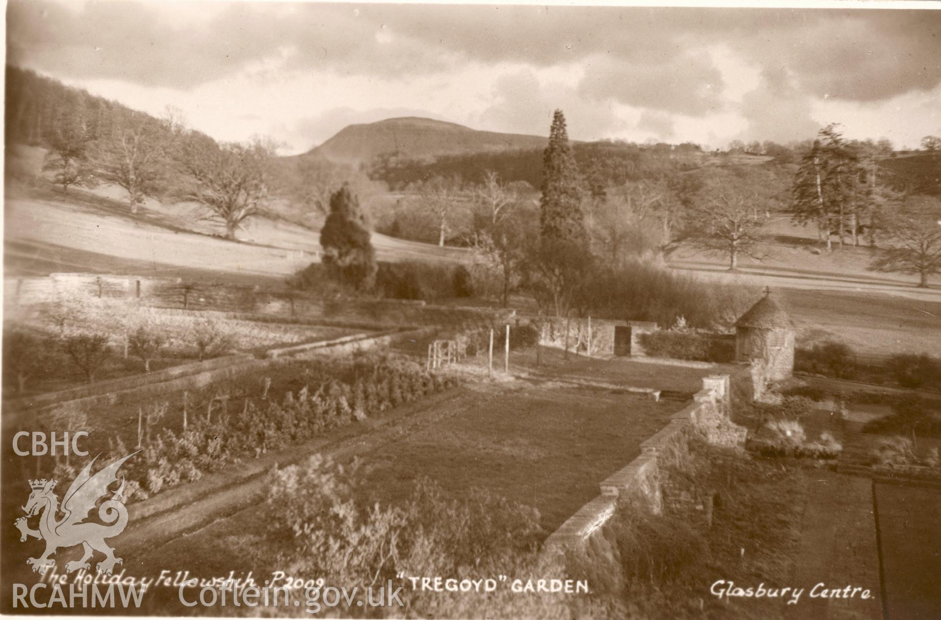 Digitised postcard image of gardens at Tregoyd Hall, Gwernyfed, E.A. Sweetman & Son, Ltd.,Tunbridge Wells. Produced by Parks and Gardens Data Services, from an original item in the Peter Davis Collection at Parks and Gardens UK. We hold only web-resolution images of this collection, suitable for viewing on screen and for research purposes only. We do not hold the original images, or publication quality scans.