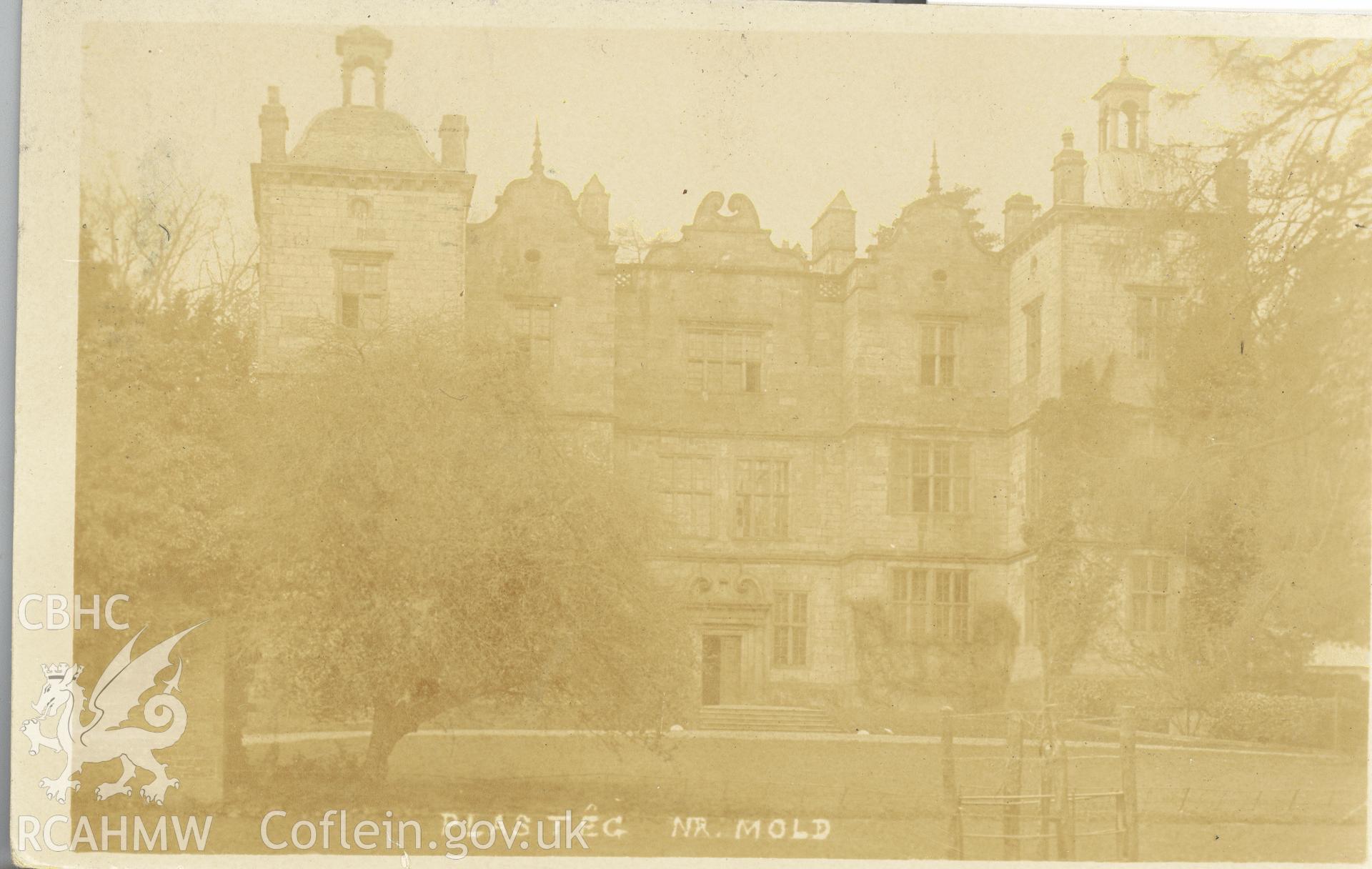 Digitised postcard image of Plas Teg mansion, Hope. Produced by Parks and Gardens Data Services, from an original item in the Peter Davis Collection at Parks and Gardens UK. We hold only web-resolution images of this collection, suitable for viewing on screen and for research purposes only. We do not hold the original images, or publication quality scans.