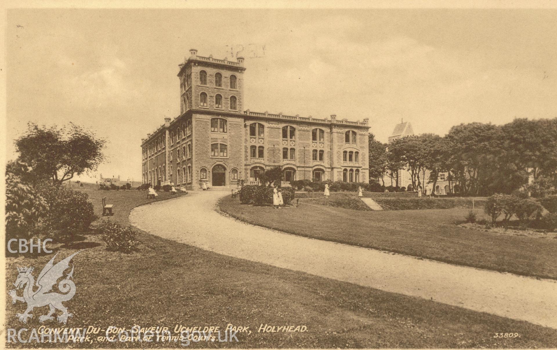 Digitised postcard image of Convent of the Good Savior, Ucheldre, Holyhead, Marshall, Keene and Co., Hove, Sussex. Produced by Parks and Gardens Data Services, from an original item in the Peter Davis Collection at Parks and Gardens UK. We hold only web-resolution images of this collection, suitable for viewing on screen and for research purposes only. We do not hold the original images, or publication quality scans.