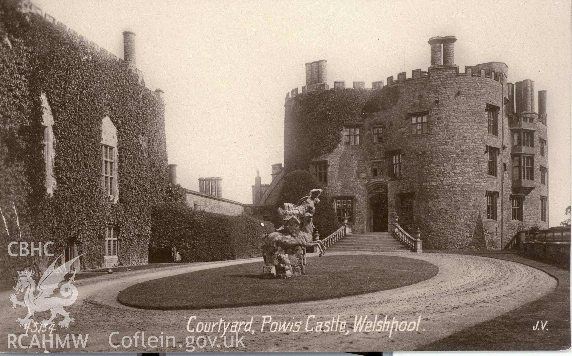 Digitised postcard image of Powis Castle showing inner courtyard with statue of Fame, Valentines Series. Produced by Parks and Gardens Data Services, from an original item in the Peter Davis Collection at Parks and Gardens UK. We hold only web-resolution images of this collection, suitable for viewing on screen and for research purposes only. We do not hold the original images, or publication quality scans.