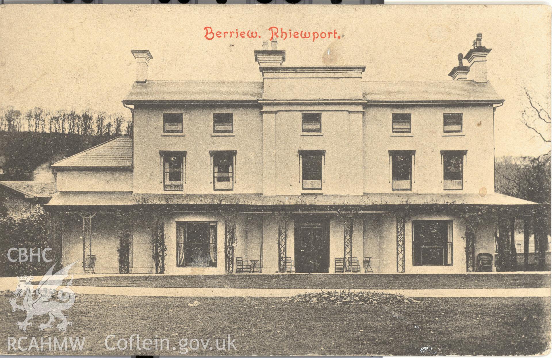 Digitised postcard image of Rhiewport Hall, Berriew, Park and Son, Newtown. Produced by Parks and Gardens Data Services, from an original item in the Peter Davis Collection at Parks and Gardens UK. We hold only web-resolution images of this collection, suitable for viewing on screen and for research purposes only. We do not hold the original images, or publication quality scans.