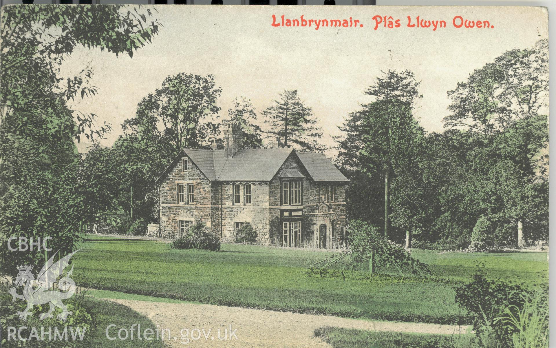 Digitised postcard image of Plas Llwynowen, Llanbrynmair, Park & Son, Newtown. Produced by Parks and Gardens Data Services, from an original item in the Peter Davis Collection at Parks and Gardens UK. We hold only web-resolution images of this collection, suitable for viewing on screen and for research purposes only. We do not hold the original images, or publication quality scans.