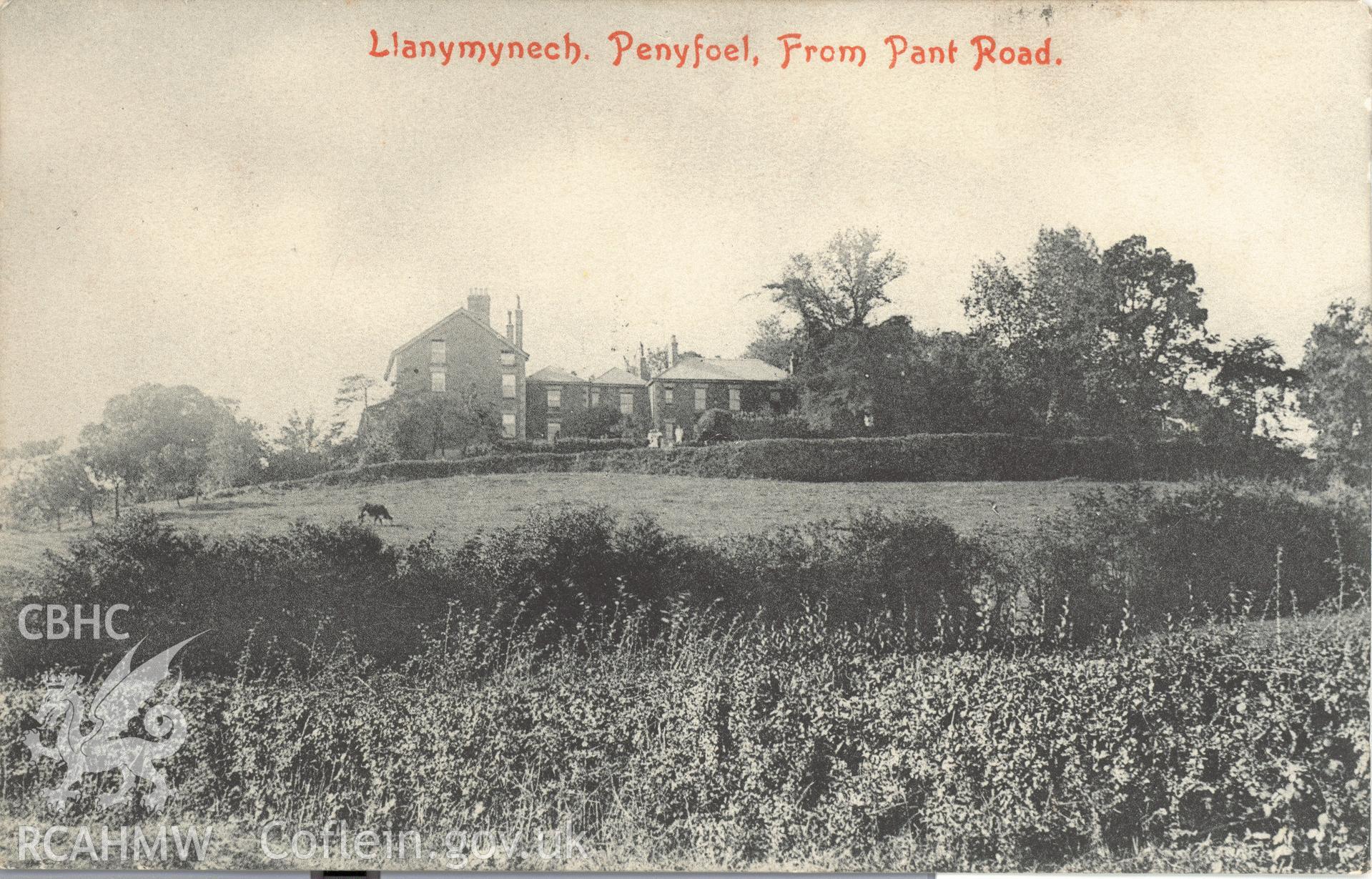 Digitised postcard image of Pen-y-foel, Llanerfyl, Park & Son, Newtown. Produced by Parks and Gardens Data Services, from an original item in the Peter Davis Collection at Parks and Gardens UK. We hold only web-resolution images of this collection, suitable for viewing on screen and for research purposes only. We do not hold the original images, or publication quality scans.