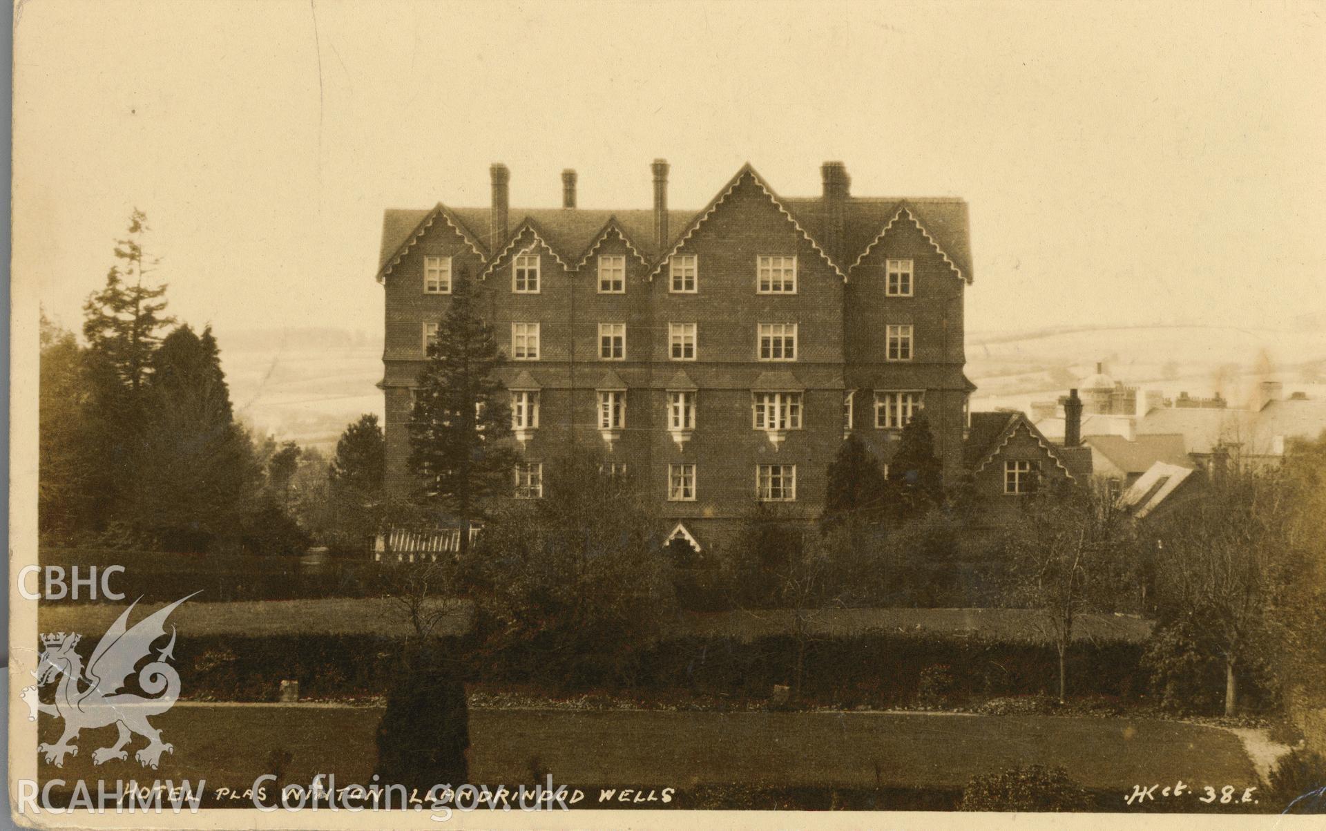 Digitised postcard image of Hotel Plas Winton, Llandrindod Wells. Produced by Parks and Gardens Data Services, from an original item in the Peter Davis Collection at Parks and Gardens UK. We hold only web-resolution images of this collection, suitable for viewing on screen and for research purposes only. We do not hold the original images, or publication quality scans.