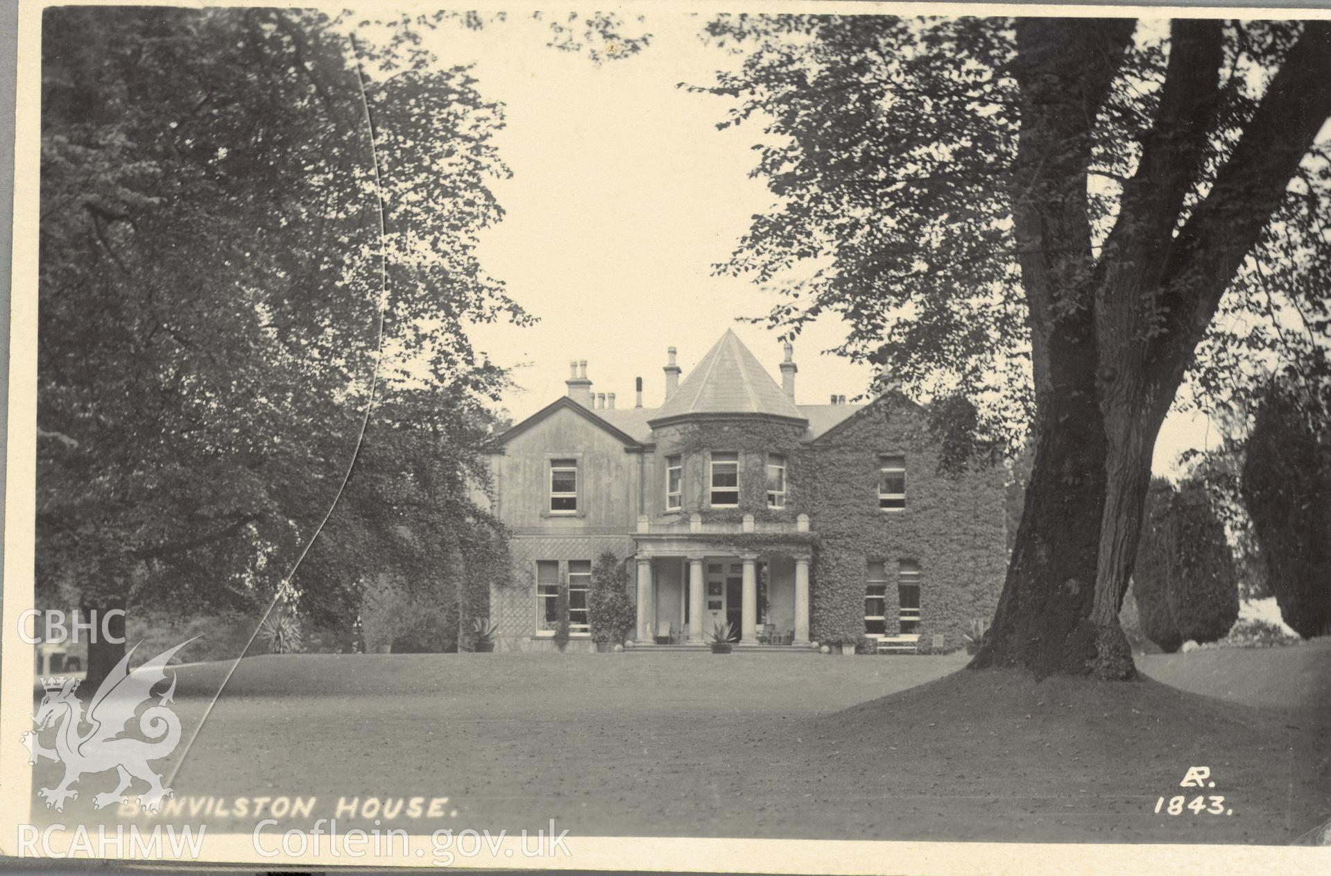 Digitised postcard image of Bonvilston House. Produced by Parks and Gardens Data Services, from an original item in the Peter Davis Collection at Parks and Gardens UK. We hold only web-resolution images of this collection, suitable for viewing on screen and for research purposes only. We do not hold the original images, or publication quality scans.