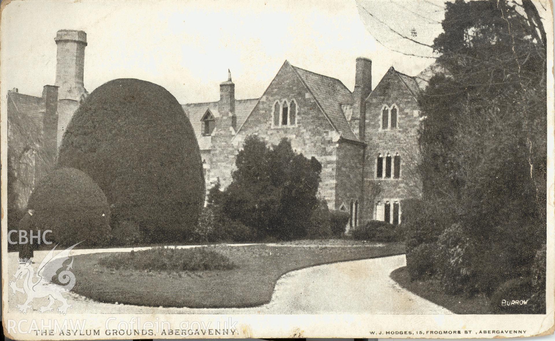 Digitised postcard image of Abergavenny Asylum, Photo by Burrow, published W.J. Hodges, 15 frogmore St. Abergavenny. Produced by Parks and Gardens Data Services, from an original item in the Peter Davis Collection at Parks and Gardens UK. We hold only web-resolution images of this collection, suitable for viewing on screen and for research purposes only. We do not hold the original images, or publication quality scans.
