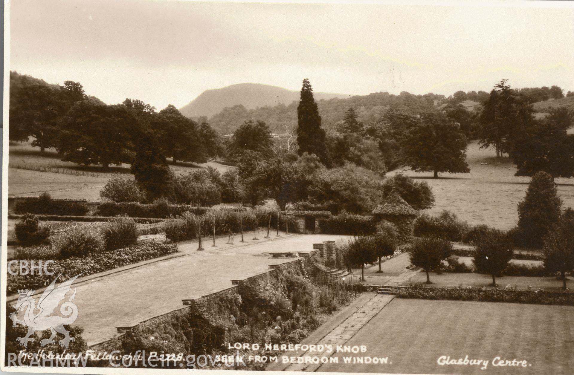 Digitised postcard image of gardens at Tregoyd Hall, Gwernyfed, E.A. Sweetman & Son, Ltd.,Tunbridge Wells. Produced by Parks and Gardens Data Services, from an original item in the Peter Davis Collection at Parks and Gardens UK. We hold only web-resolution images of this collection, suitable for viewing on screen and for research purposes only. We do not hold the original images, or publication quality scans.