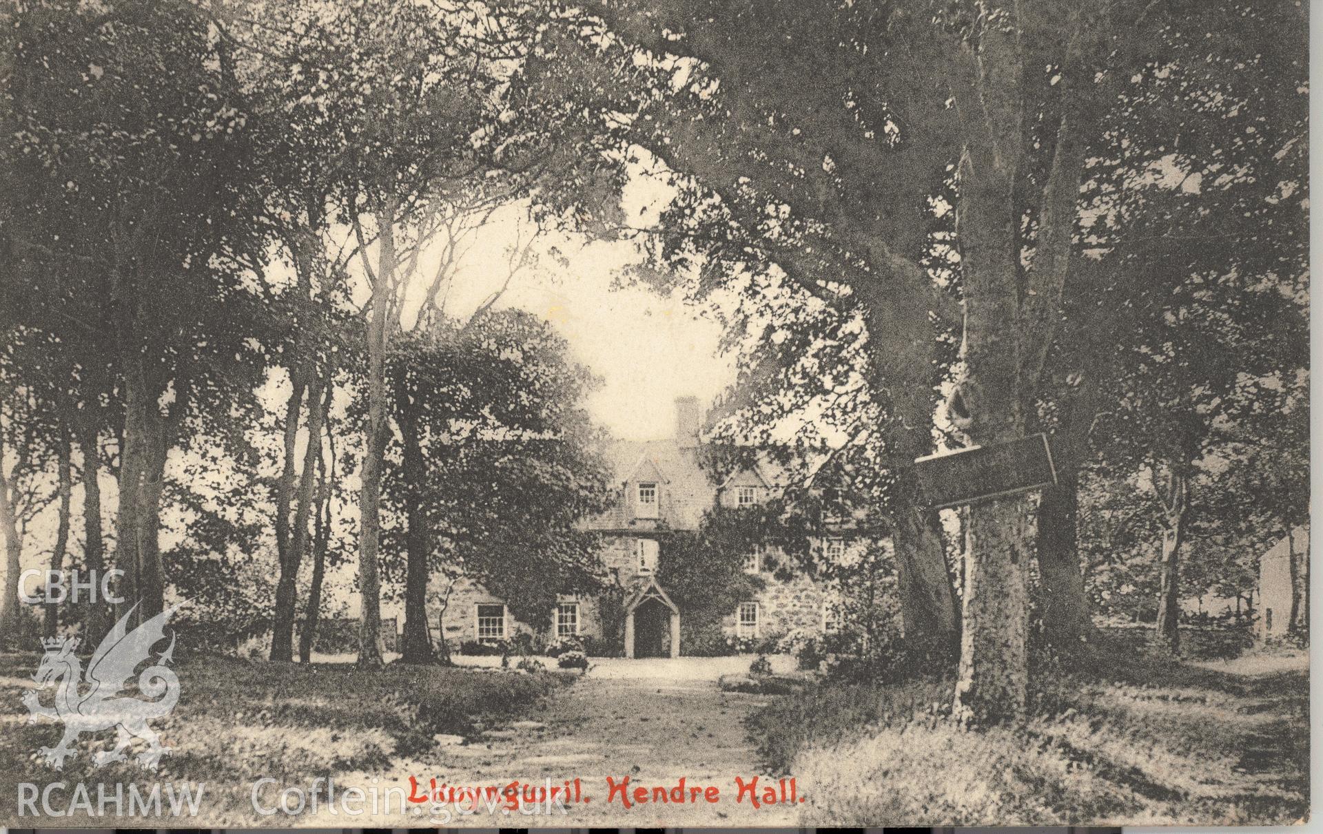 Digitised postcard image of Hendre hall, Llwyngwril, Park, Newtown, Mid Wales. Produced by Parks and Gardens Data Services, from an original item in the Peter Davis Collection at Parks and Gardens UK. We hold only web-resolution images of this collection, suitable for viewing on screen and for research purposes only. We do not hold the original images, or publication quality scans.