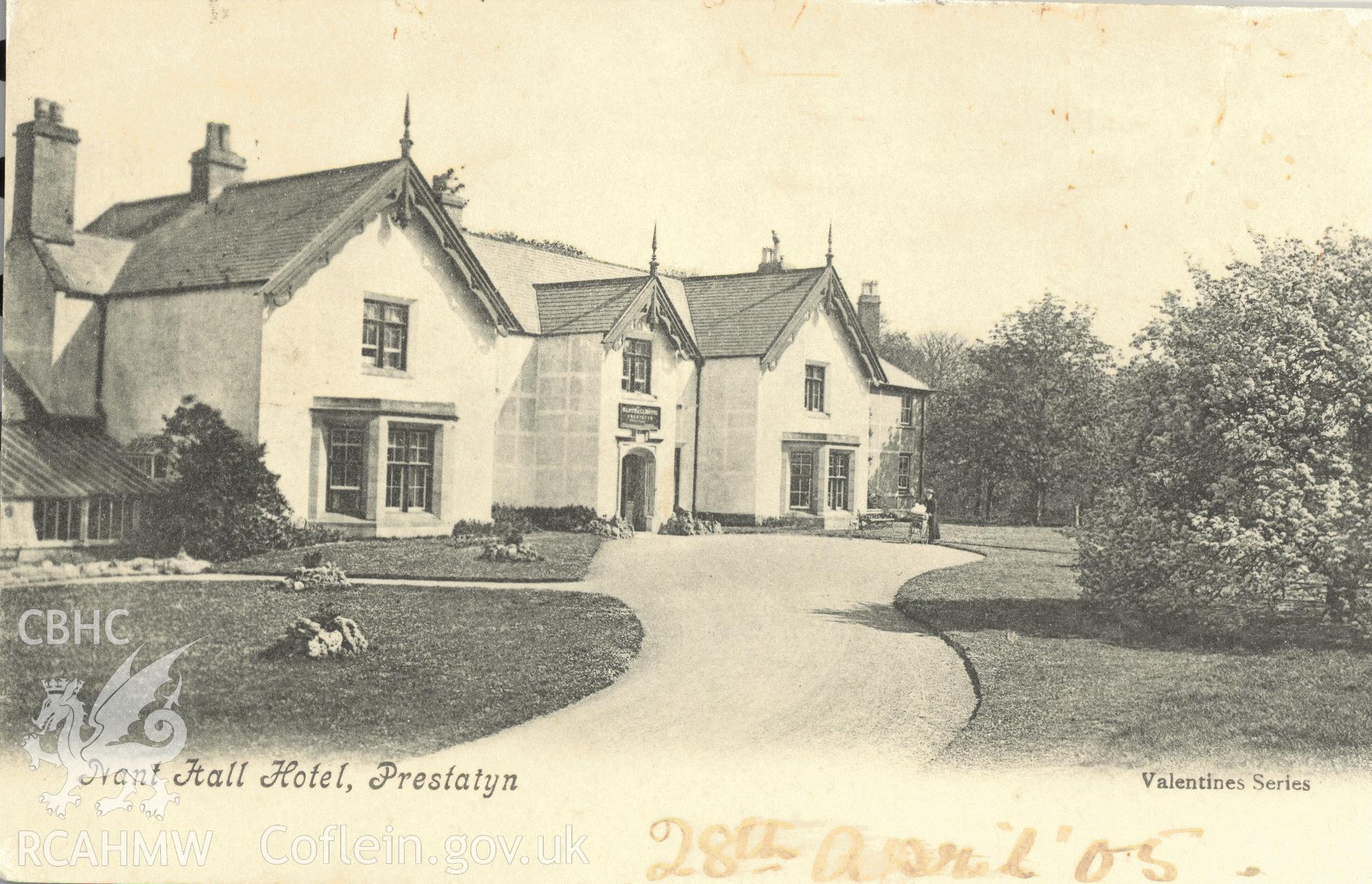 Digitised postcard image of Nant Hall Hotel, Prestatyn, Valentine's Series. Produced by Parks and Gardens Data Services, from an original item in the Peter Davis Collection at Parks and Gardens UK. We hold only web-resolution images of this collection, suitable for viewing on screen and for research purposes only. We do not hold the original images, or publication quality scans.