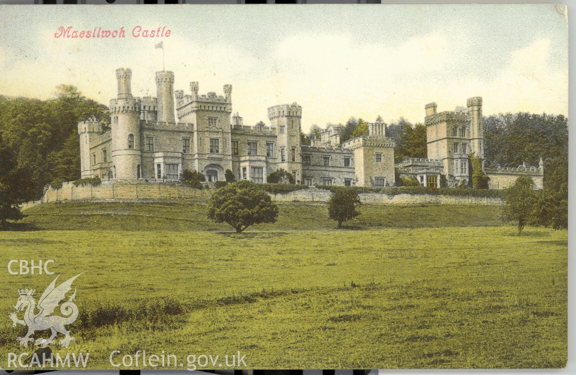 Digitised postcard image of Maesllwch Castle from S.W., Valentines Series. Produced by Parks and Gardens Data Services, from an original item in the Peter Davis Collection at Parks and Gardens UK. We hold only web-resolution images of this collection, suitable for viewing on screen and for research purposes only. We do not hold the original images, or publication quality scans.