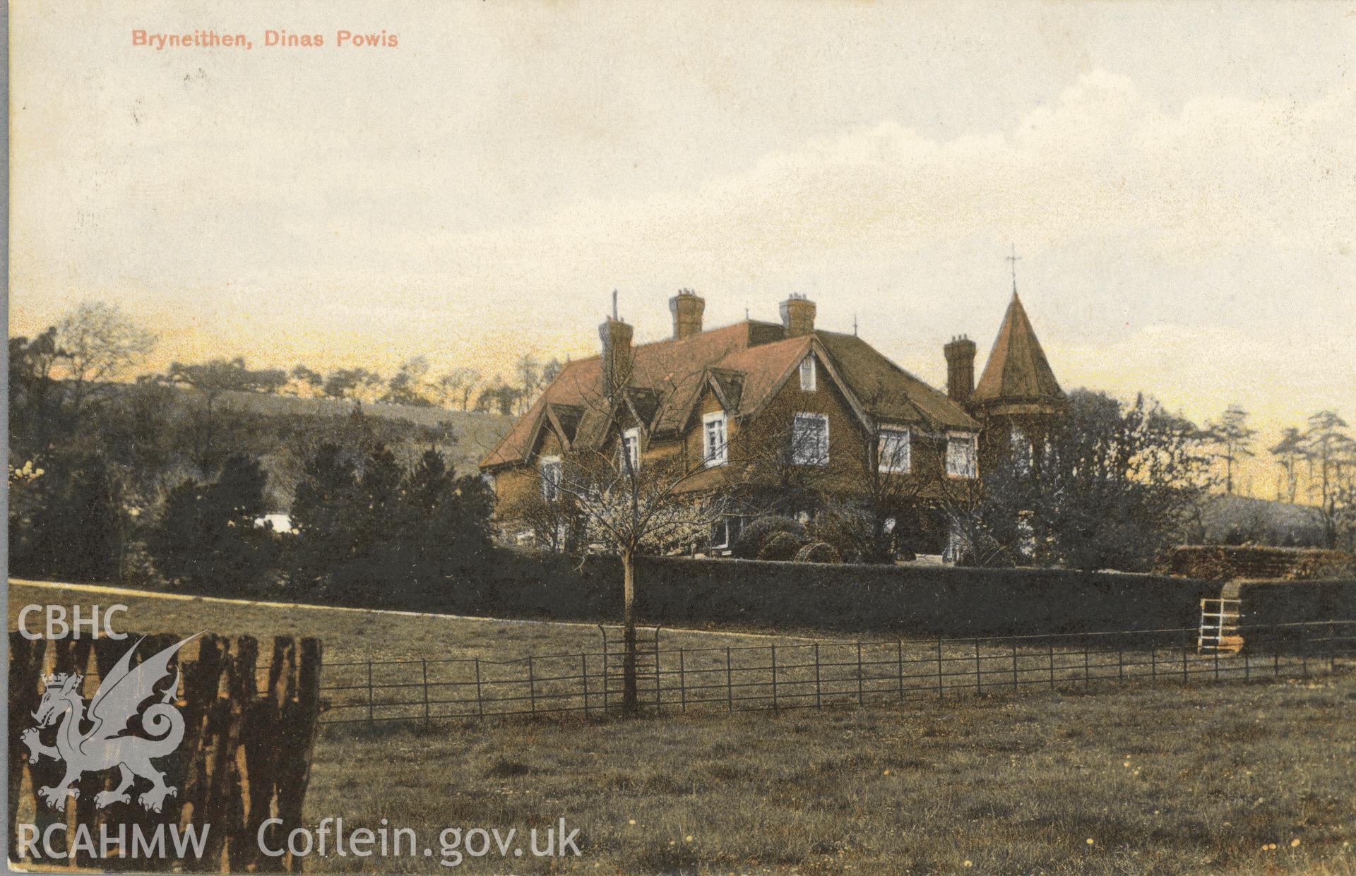 Digitised postcard image of Bryneithen, Dinas Powys, F. John, Post Office, Dinas Powis. Produced by Parks and Gardens Data Services, from an original item in the Peter Davis Collection at Parks and Gardens UK. We hold only web-resolution images of this collection, suitable for viewing on screen and for research purposes only. We do not hold the original images, or publication quality scans.