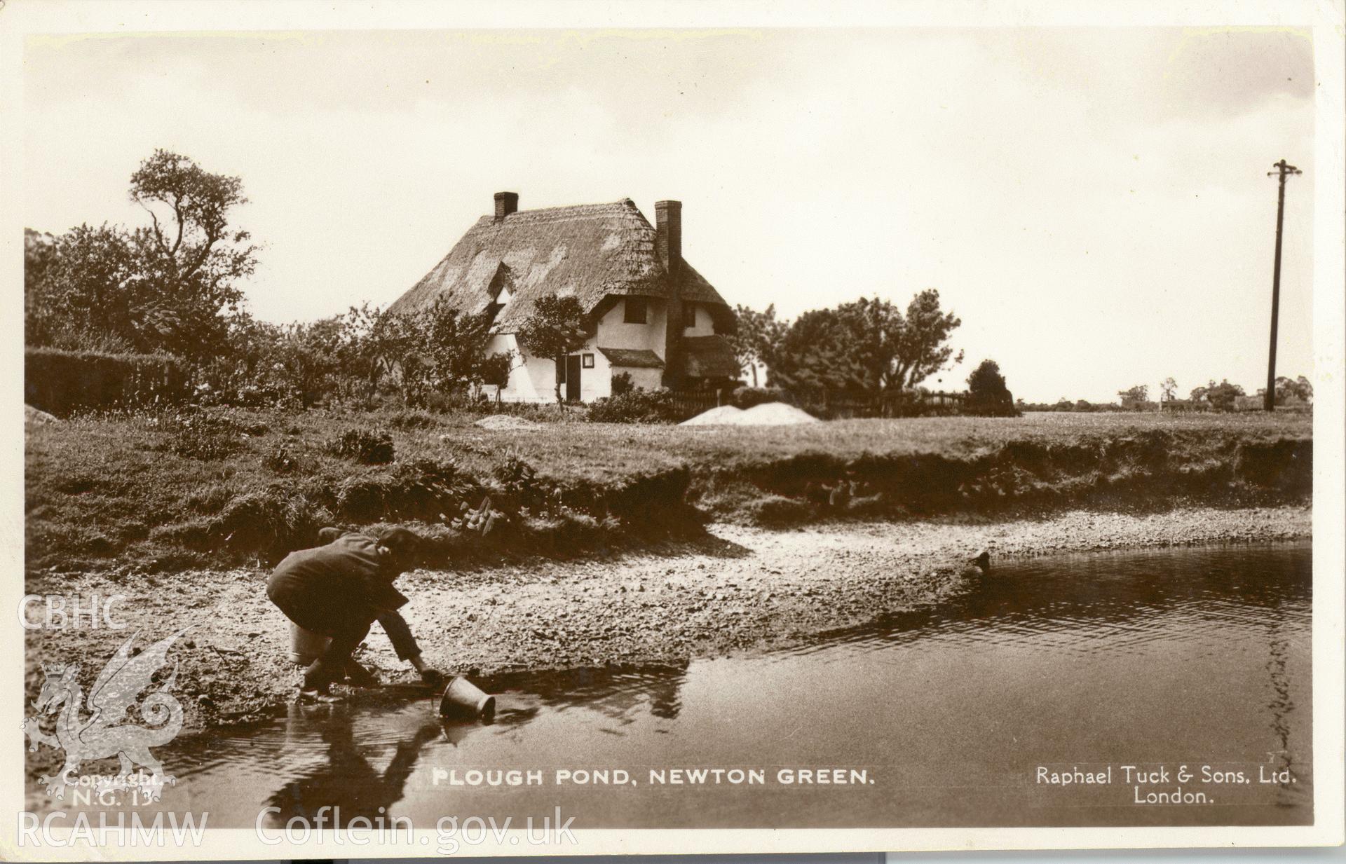 Digitised postcard image of Plough Pond, Newton Green, with figure collecting water, Raphael Tuck and Sons Ltd. Produced by Parks and Gardens Data Services, from an original item in the Peter Davis Collection at Parks and Gardens UK. We hold only web-resolution images of this collection, suitable for viewing on screen and for research purposes only. We do not hold the original images, or publication quality scans.