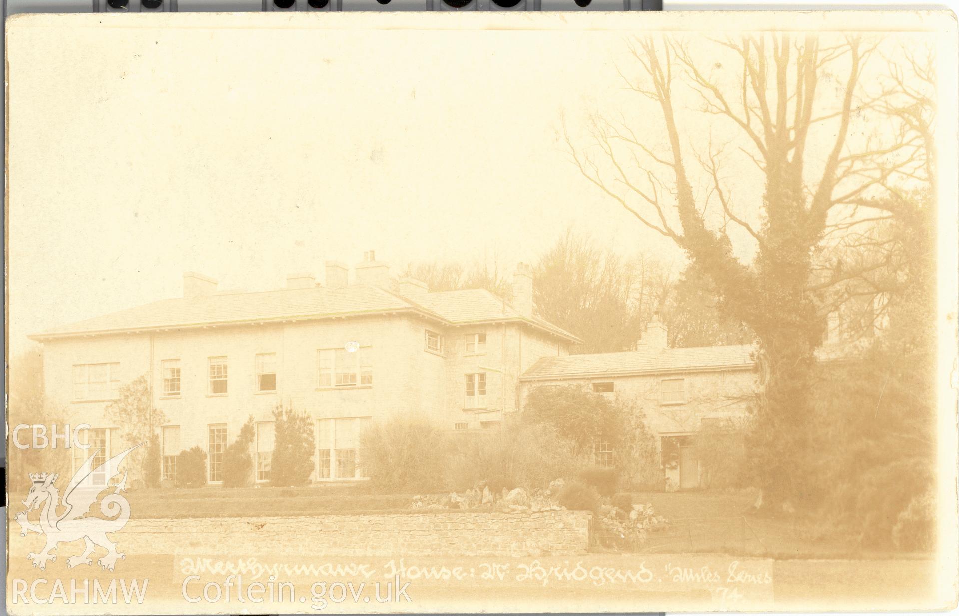 Digitised postcard image of Merthyr Mawr House, Merthyr Mawr, the Miles Series, Ewenny Road Studio, Bridgend. Produced by Parks and Gardens Data Services, from an original item in the Peter Davis Collection at Parks and Gardens UK. We hold only web-resolution images of this collection, suitable for viewing on screen and for research purposes only. We do not hold the original images, or publication quality scans.