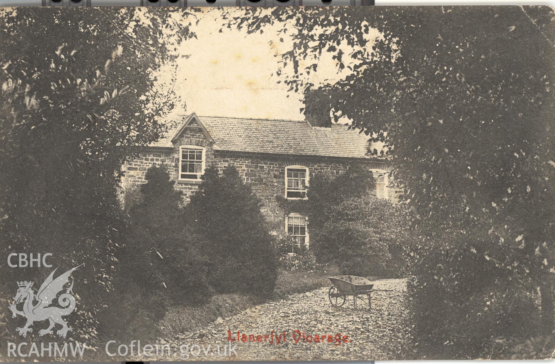 Digitised postcard image of Llanerfyl Vicarage, Park & Son, Newtown. Produced by Parks and Gardens Data Services, from an original item in the Peter Davis Collection at Parks and Gardens UK. We hold only web-resolution images of this collection, suitable for viewing on screen and for research purposes only. We do not hold the original images, or publication quality scans.