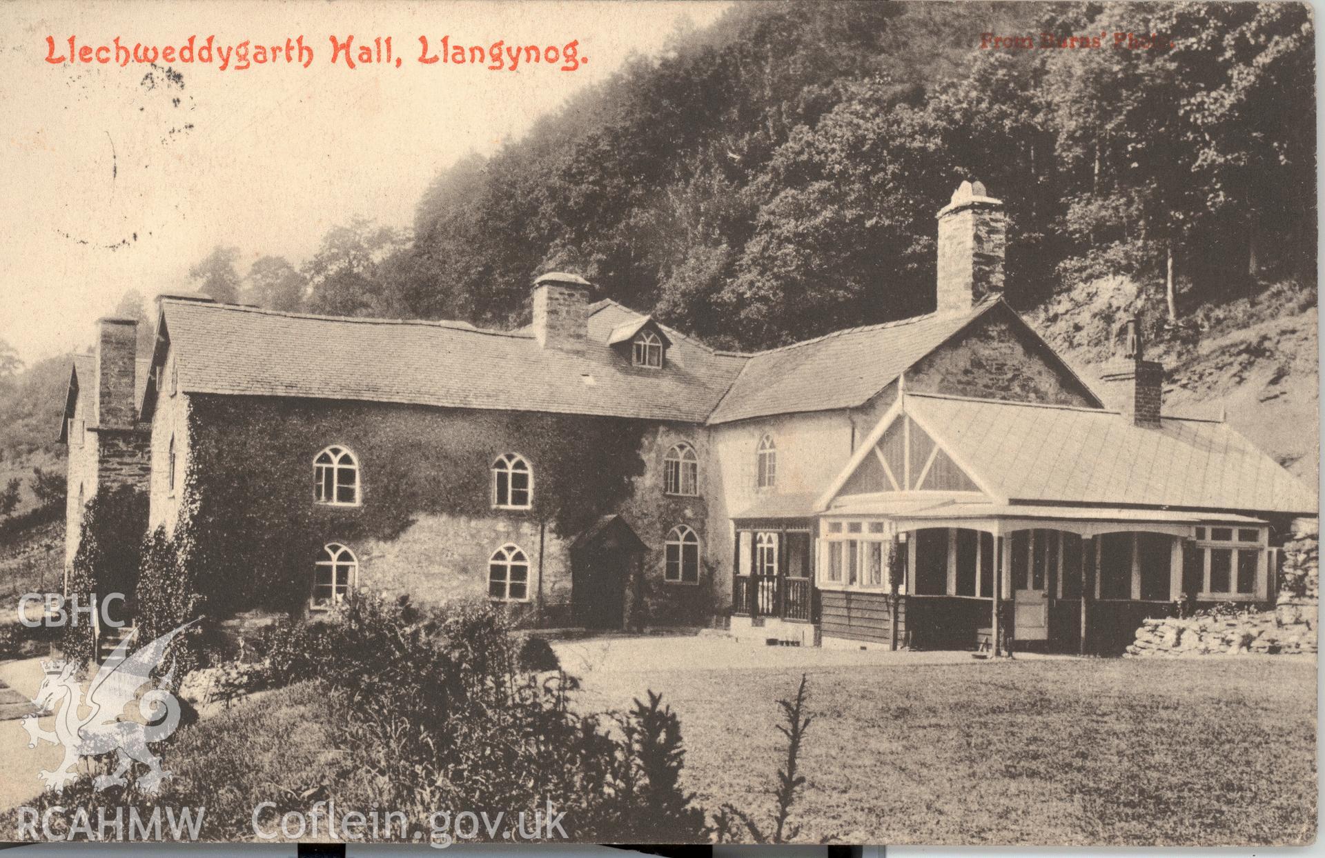 Digitised postcard image of Llechwedd-y-garth Hall, Llangynog, Wm Evans grocer. Produced by Parks and Gardens Data Services, from an original item in the Peter Davis Collection at Parks and Gardens UK. We hold only web-resolution images of this collection, suitable for viewing on screen and for research purposes only. We do not hold the original images, or publication quality scans.