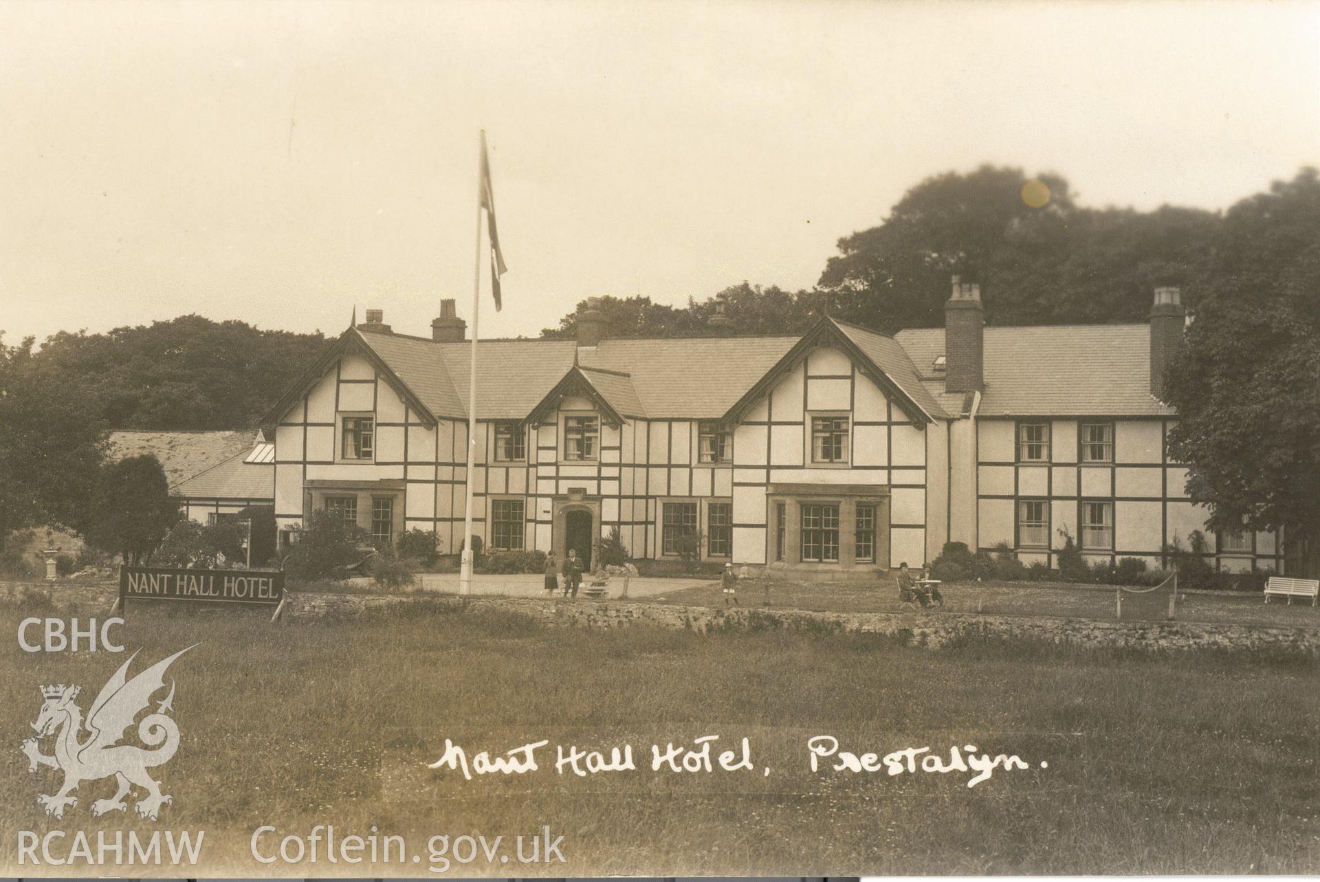 Digitised postcard image of Nant Hall Hotel, Prestatyn, Lewis the Art Studio, Prestatyn. Produced by Parks and Gardens Data Services, from an original item in the Peter Davis Collection at Parks and Gardens UK. We hold only web-resolution images of this collection, suitable for viewing on screen and for research purposes only. We do not hold the original images, or publication quality scans.