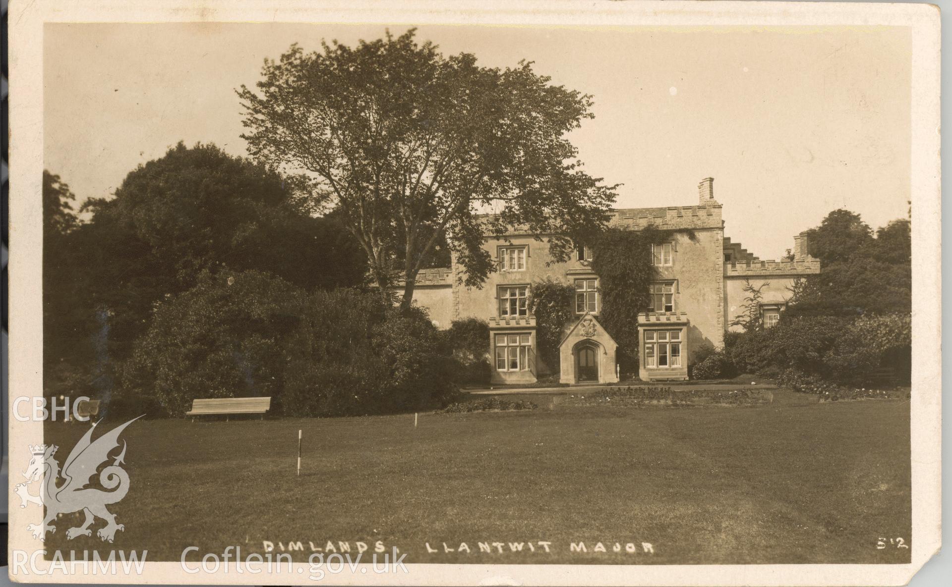 Digitised postcard image of Dimlands, Llantwit Major. Produced by Parks and Gardens Data Services, from an original item in the Peter Davis Collection at Parks and Gardens UK. We hold only web-resolution images of this collection, suitable for viewing on screen and for research purposes only. We do not hold the original images, or publication quality scans.