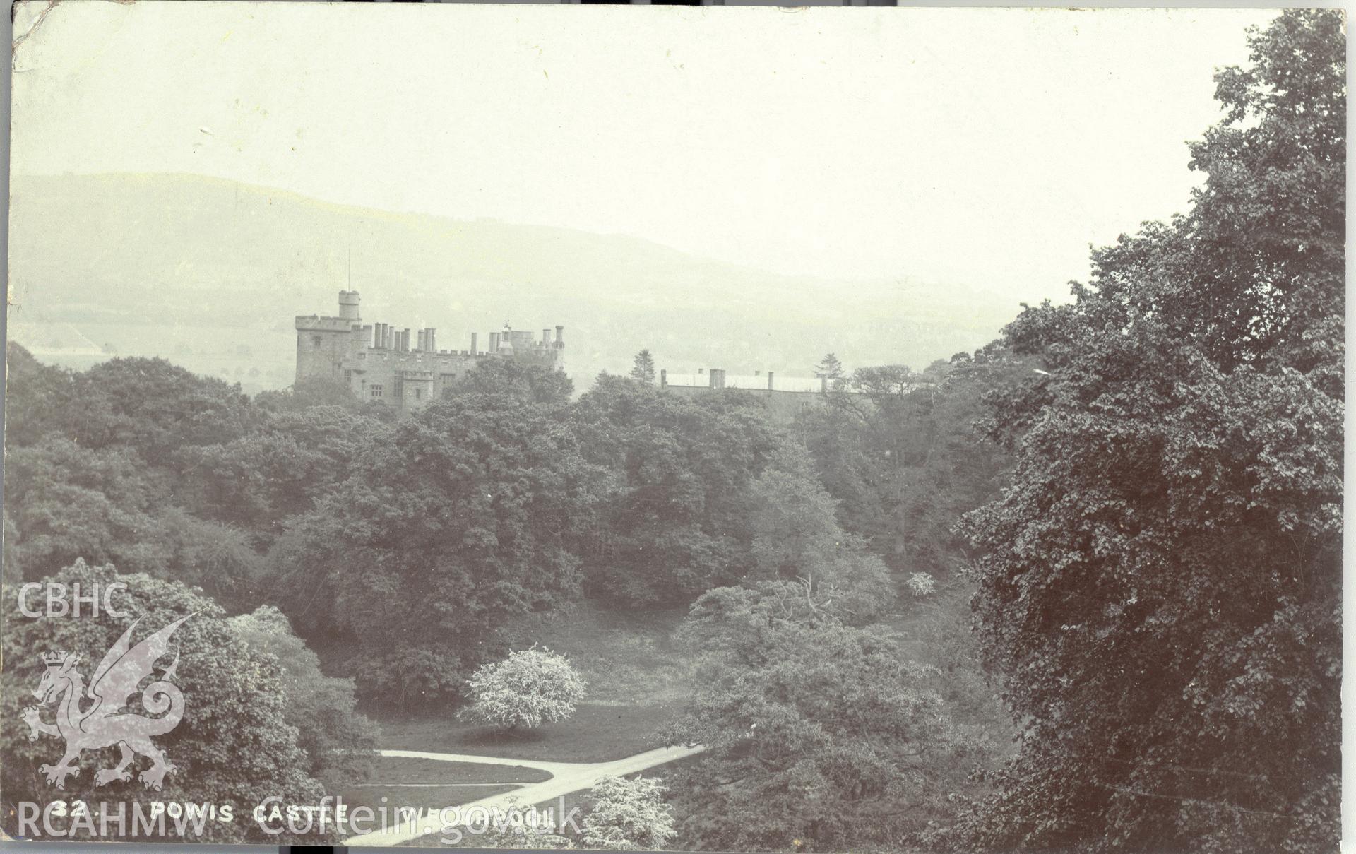 Digitised postcard image of Powis Castle and park. Produced by Parks and Gardens Data Services, from an original item in the Peter Davis Collection at Parks and Gardens UK. We hold only web-resolution images of this collection, suitable for viewing on screen and for research purposes only. We do not hold the original images, or publication quality scans.