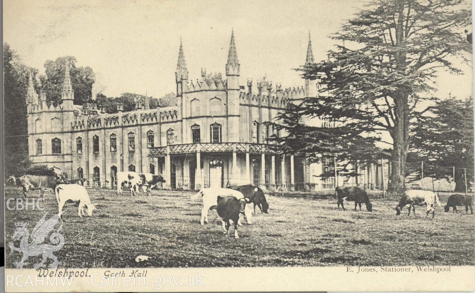 Digitised postcard image of Garth Hall, Guilsfield, with cows, E. Jones, Stationer, Welshpool. Produced by Parks and Gardens Data Services, from an original item in the Peter Davis Collection at Parks and Gardens UK. We hold only web-resolution images of this collection, suitable for viewing on screen and for research purposes only. We do not hold the original images, or publication quality scans.