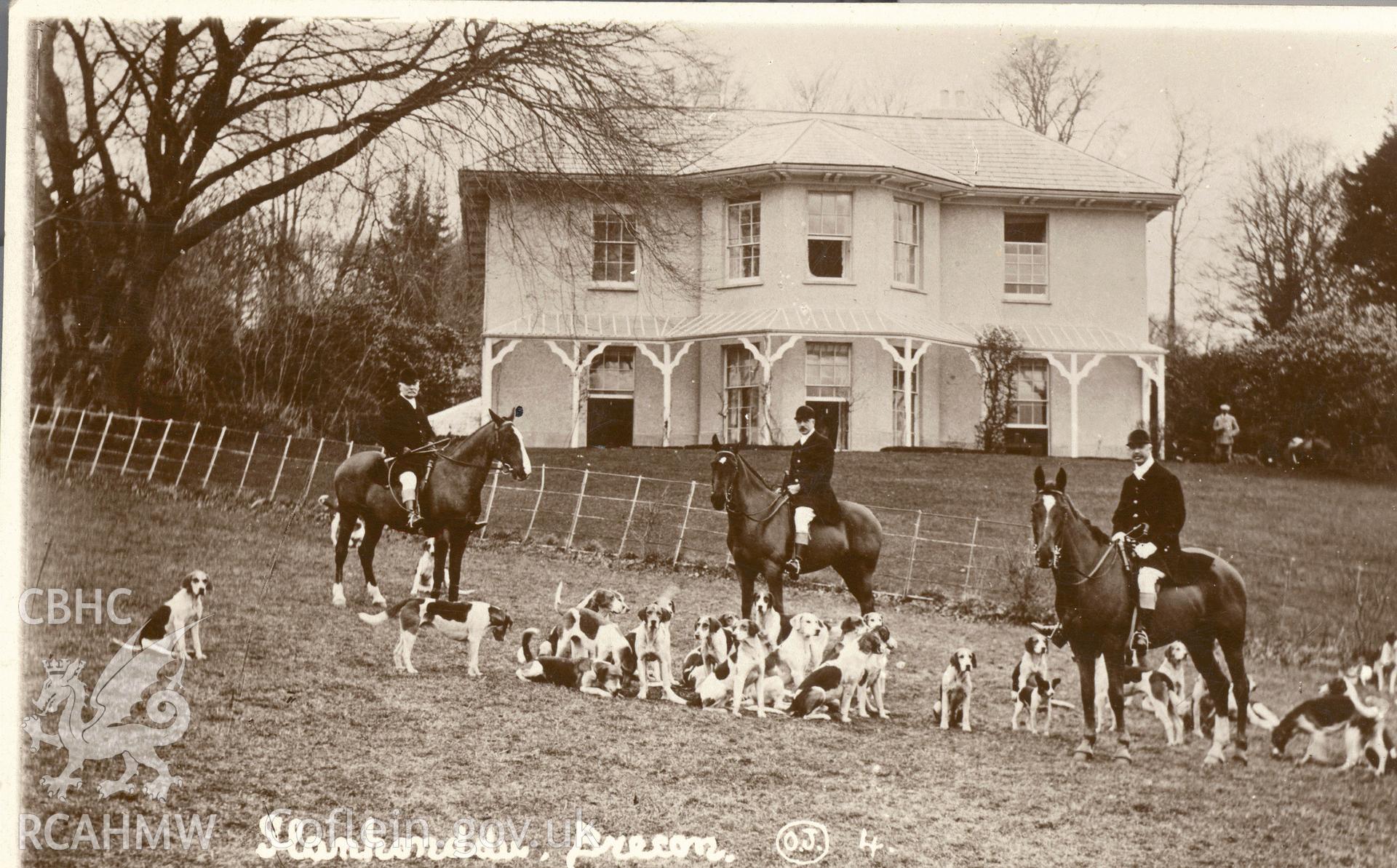 Digitised postcard image of hunt meeting at Glanhonddu House, O. Jackson, Brecon. Produced by Parks and Gardens Data Services, from an original item in the Peter Davis Collection at Parks and Gardens UK. We hold only web-resolution images of this collection, suitable for viewing on screen and for research purposes only. We do not hold the original images, or publication quality scans.