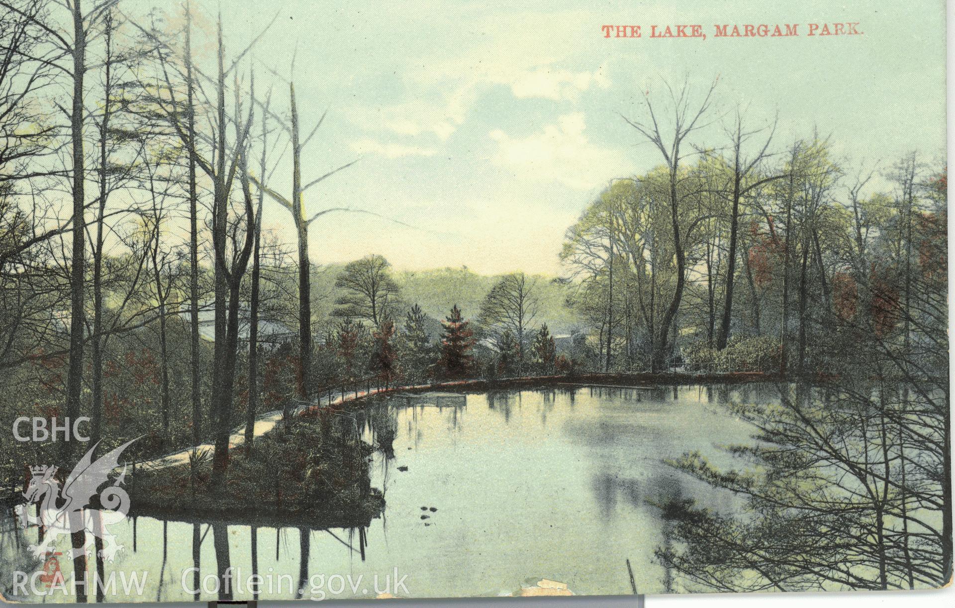 Digitised postcard image of the lake, Margam park gardens, the Milton Glazette series, Woolstone Bros, London. Produced by Parks and Gardens Data Services, from an original item in the Peter Davis Collection at Parks and Gardens UK. We hold only web-resolution images of this collection, suitable for viewing on screen and for research purposes only. We do not hold the original images, or publication quality scans.