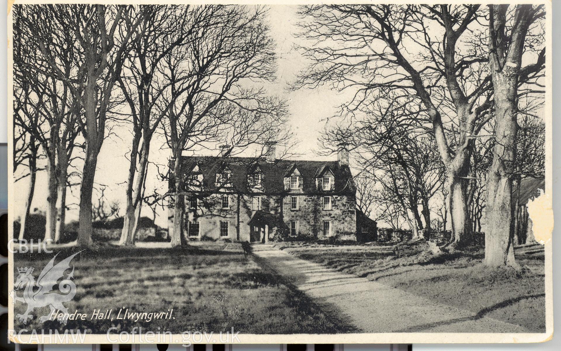 Digitised postcard image of Hendre hall, Llwyngwril. Produced by Parks and Gardens Data Services, from an original item in the Peter Davis Collection at Parks and Gardens UK. We hold only web-resolution images of this collection, suitable for viewing on screen and for research purposes only. We do not hold the original images, or publication quality scans.