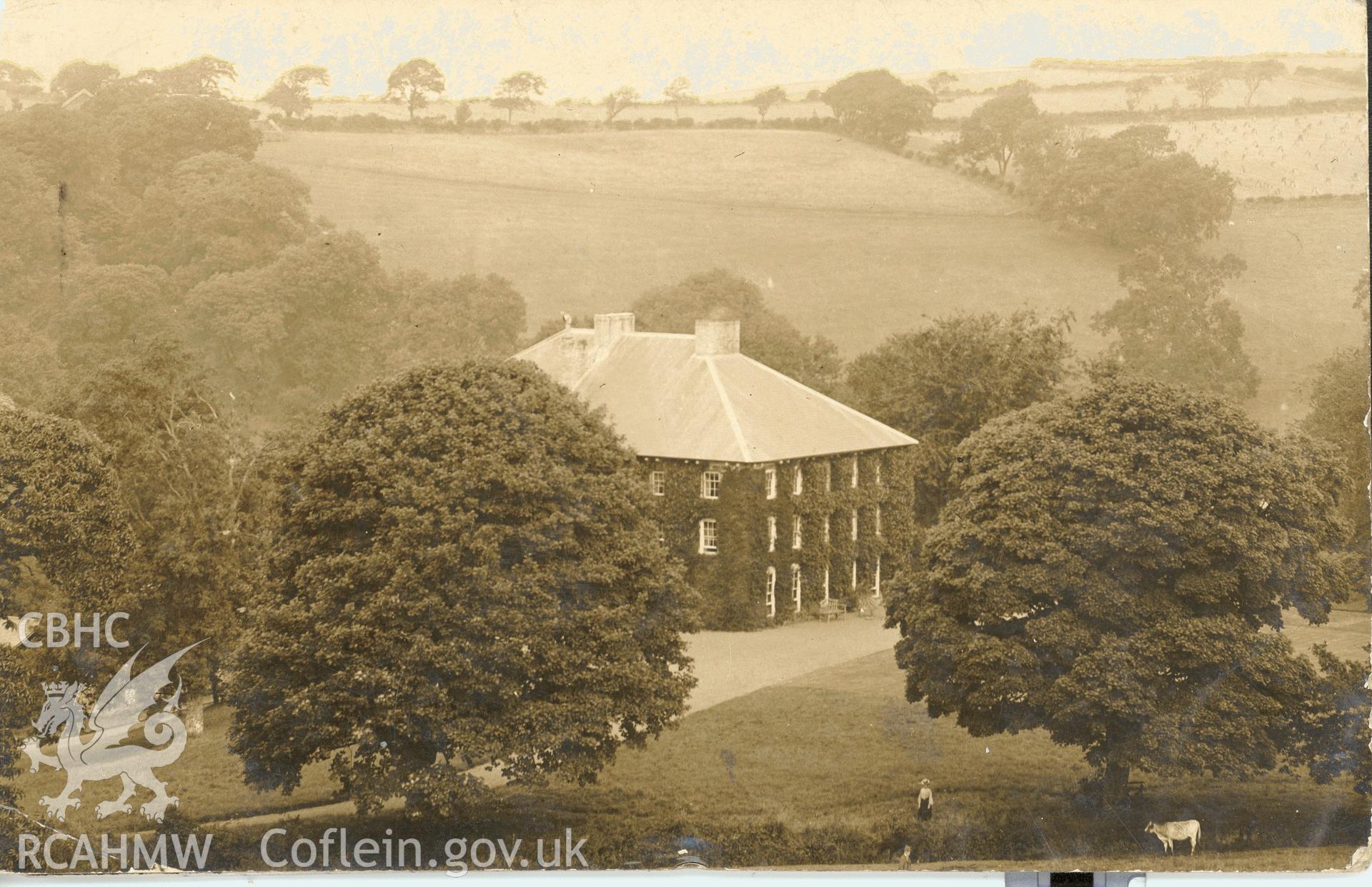 Digitised postcard image of Mabws Hall, Llanrhystyd. Produced by Parks and Gardens Data Services, from an original item in the Peter Davis Collection at Parks and Gardens UK. We hold only web-resolution images of this collection, suitable for viewing on screen and for research purposes only. We do not hold the original images, or publication quality scans.