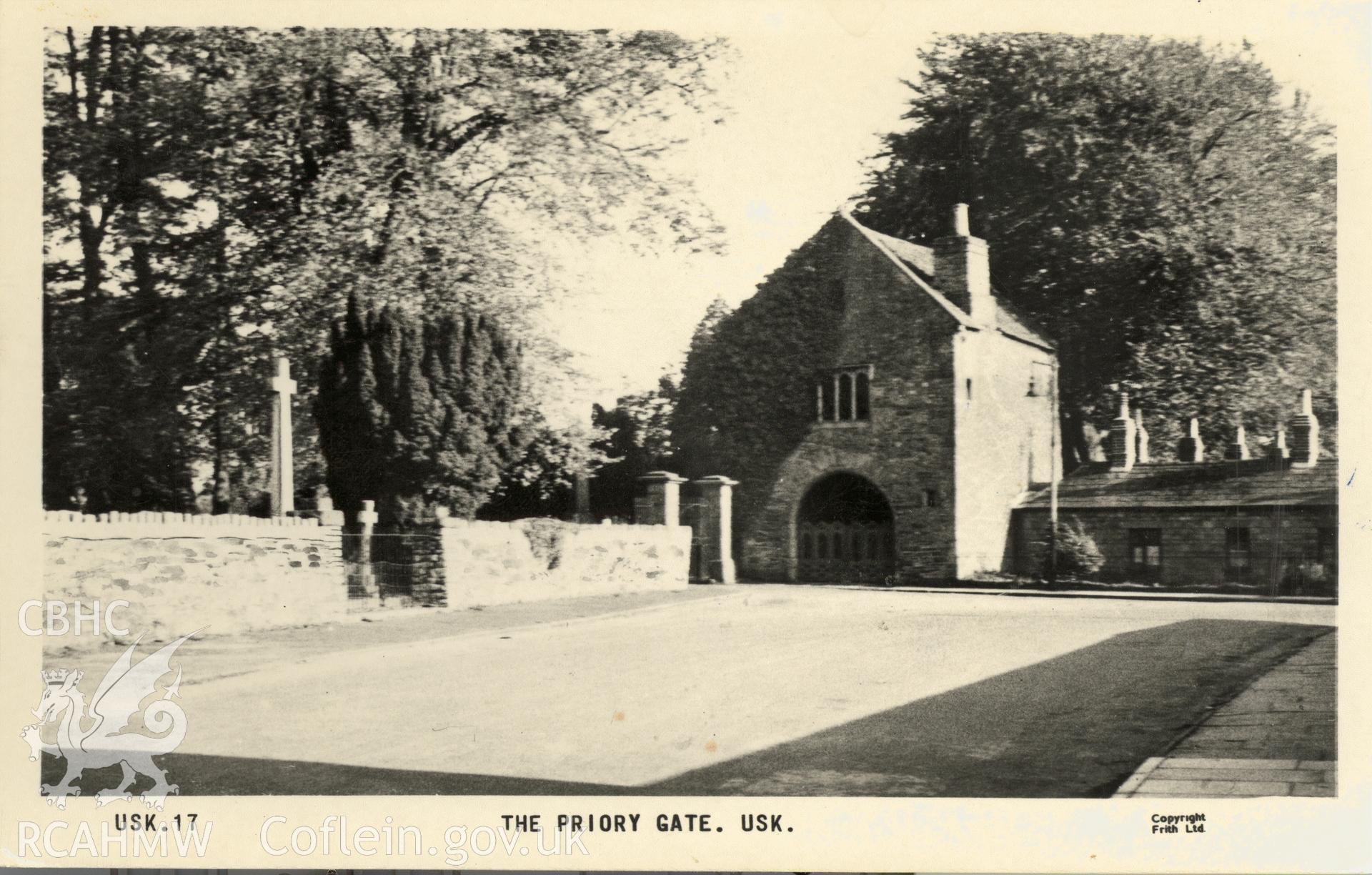 Digitised postcard image of the Priory Gatehouse, Usk, F. Frith & Co., Ltd. Produced by Parks and Gardens Data Services, from an original item in the Peter Davis Collection at Parks and Gardens UK. We hold only web-resolution images of this collection, suitable for viewing on screen and for research purposes only. We do not hold the original images, or publication quality scans.