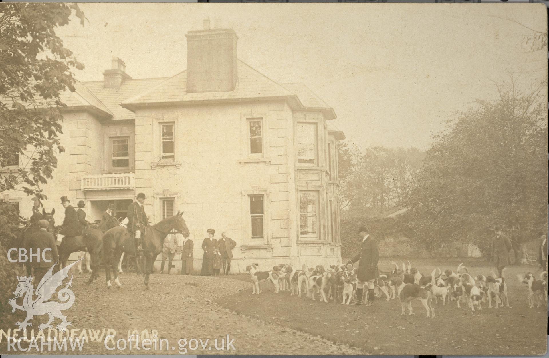 Digitised postcard image of hunt meet at Neuadd Fawr, Dierks. Produced by Parks and Gardens Data Services, from an original item in the Peter Davis Collection at Parks and Gardens UK. We hold only web-resolution images of this collection, suitable for viewing on screen and for research purposes only. We do not hold the original images, or publication quality scans.