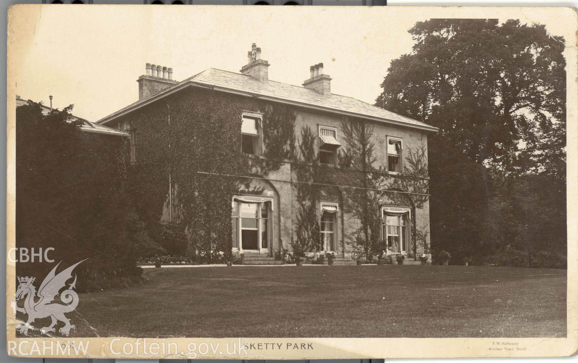 Digitised postcard image of Sketty Park House, Swansea, F.W. Holloway, Windsor Road, Neath. Produced by Parks and Gardens Data Services, from an original item in the Peter Davis Collection at Parks and Gardens UK. We hold only web-resolution images of this collection, suitable for viewing on screen and for research purposes only. We do not hold the original images, or publication quality scans.