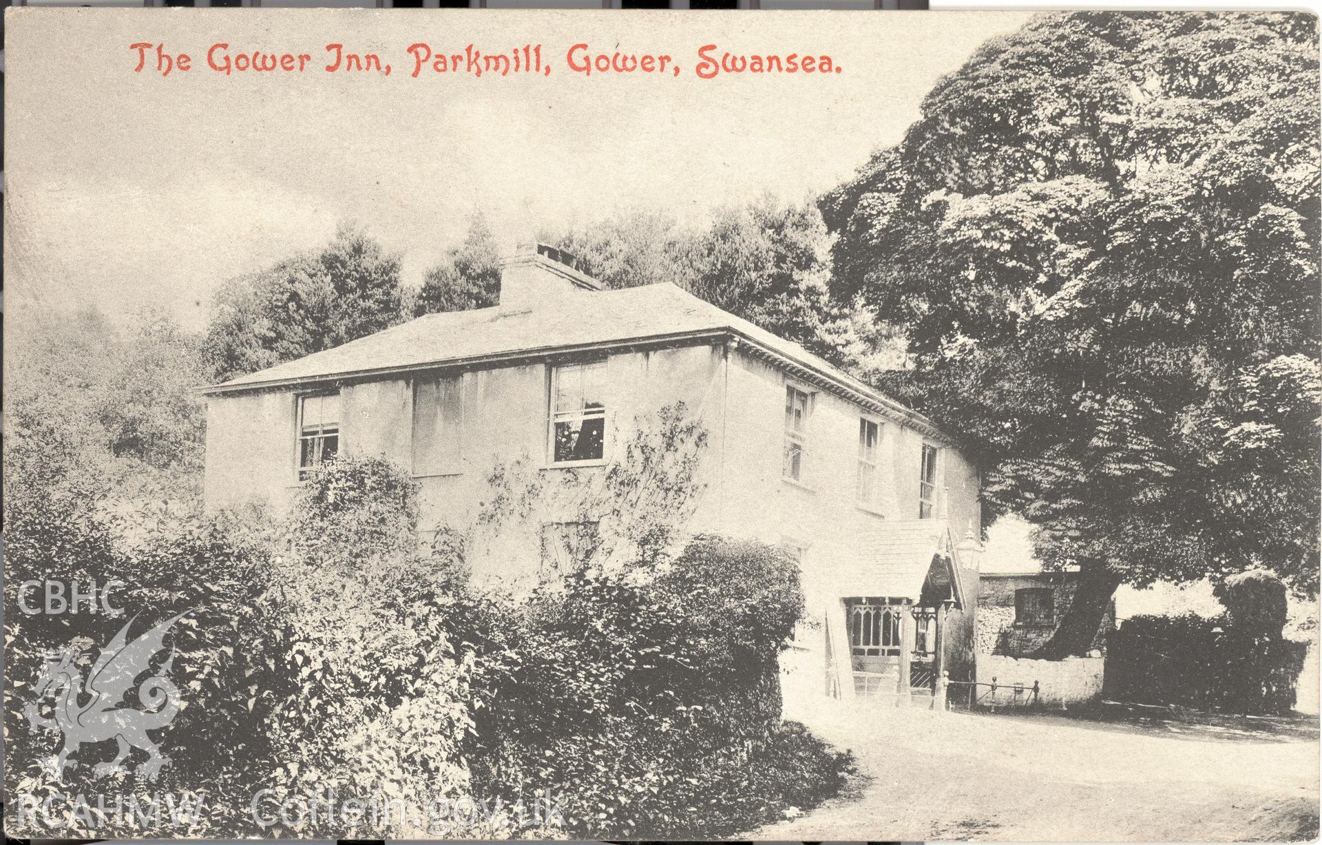 Digitised postcard image of Gower Inn, Parkmill, "Zenith Series" G.W.S. Produced by Parks and Gardens Data Services, from an original item in the Peter Davis Collection at Parks and Gardens UK. We hold only web-resolution images of this collection, suitable for viewing on screen and for research purposes only. We do not hold the original images, or publication quality scans.