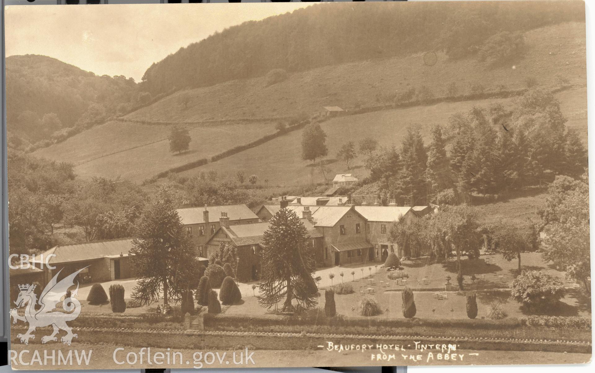 Digitised postcard image of Beaufort Arms Hotel, Tintern, W.A. Call, the County Studio, Monmouth. Produced by Parks and Gardens Data Services, from an original item in the Peter Davis Collection at Parks and Gardens UK. We hold only web-resolution images of this collection, suitable for viewing on screen and for research purposes only. We do not hold the original images, or publication quality scans.