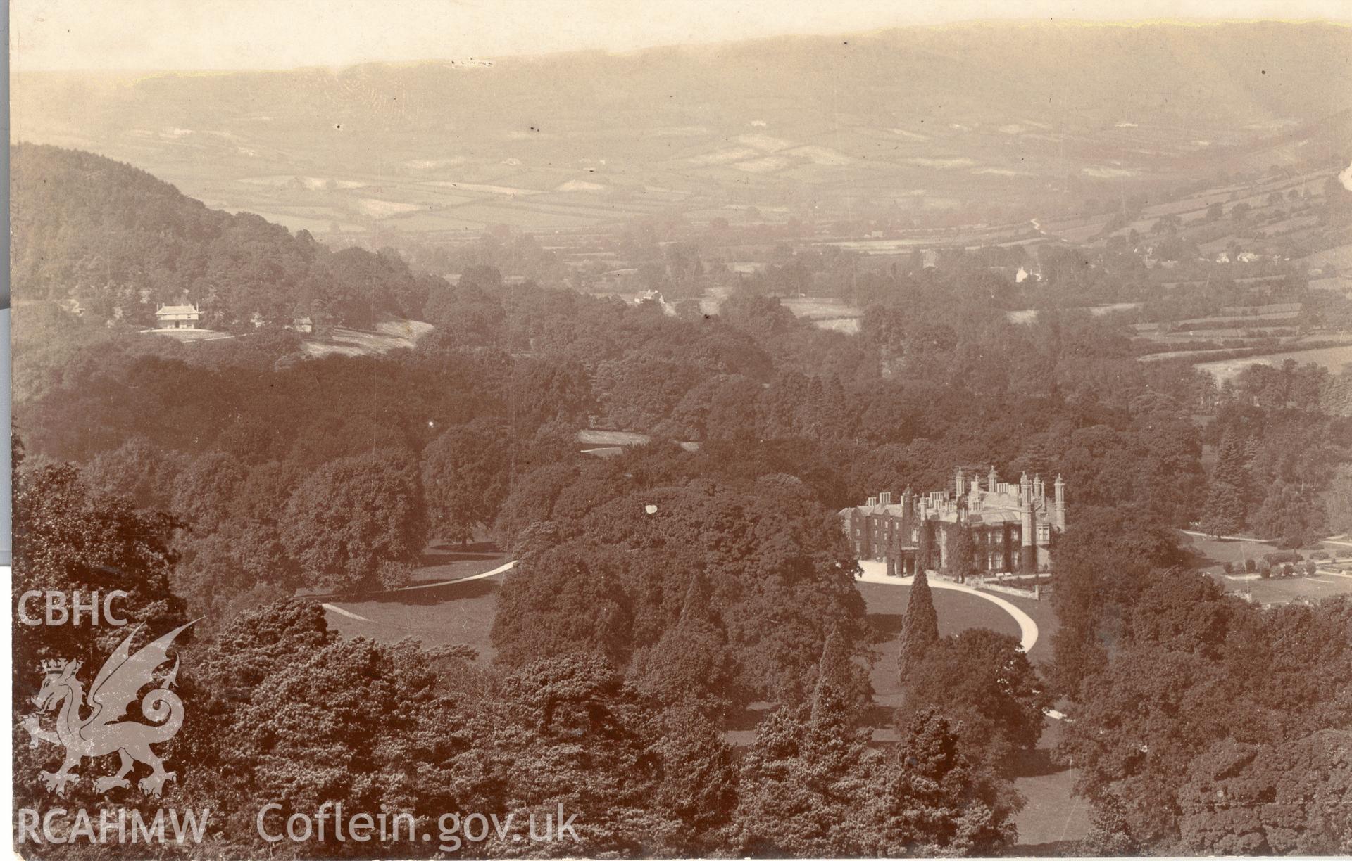 Digitised postcard image of aerial view of Glanusk Park. Produced by Parks and Gardens Data Services, from an original item in the Peter Davis Collection at Parks and Gardens UK. We hold only web-resolution images of this collection, suitable for viewing on screen and for research purposes only. We do not hold the original images, or publication quality scans.