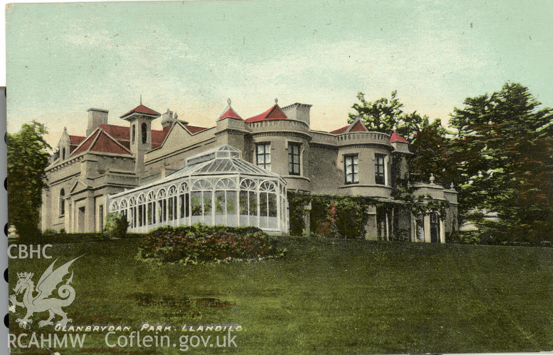 Digitised postcard image of Glanbrydan park, Llandeilo, Williams Llandeilo. Produced by Parks and Gardens Data Services, from an original item in the Peter Davis Collection at Parks and Gardens UK. We hold only web-resolution images of this collection, suitable for viewing on screen and for research purposes only. We do not hold the original images, or publication quality scans.