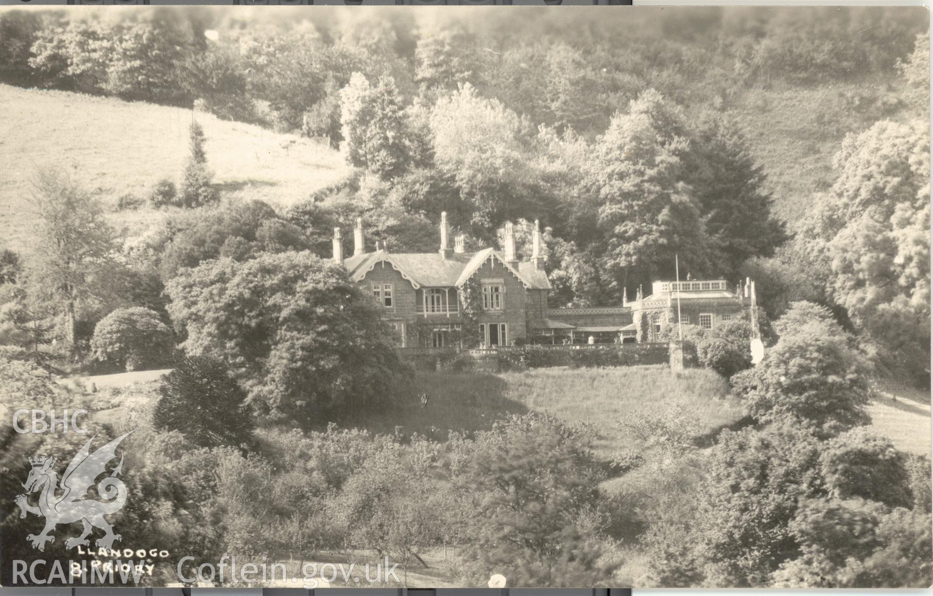 Digitised postcard image of the Priory, Llandogo. Produced by Parks and Gardens Data Services, from an original item in the Peter Davis Collection at Parks and Gardens UK. We hold only web-resolution images of this collection, suitable for viewing on screen and for research purposes only. We do not hold the original images, or publication quality scans.