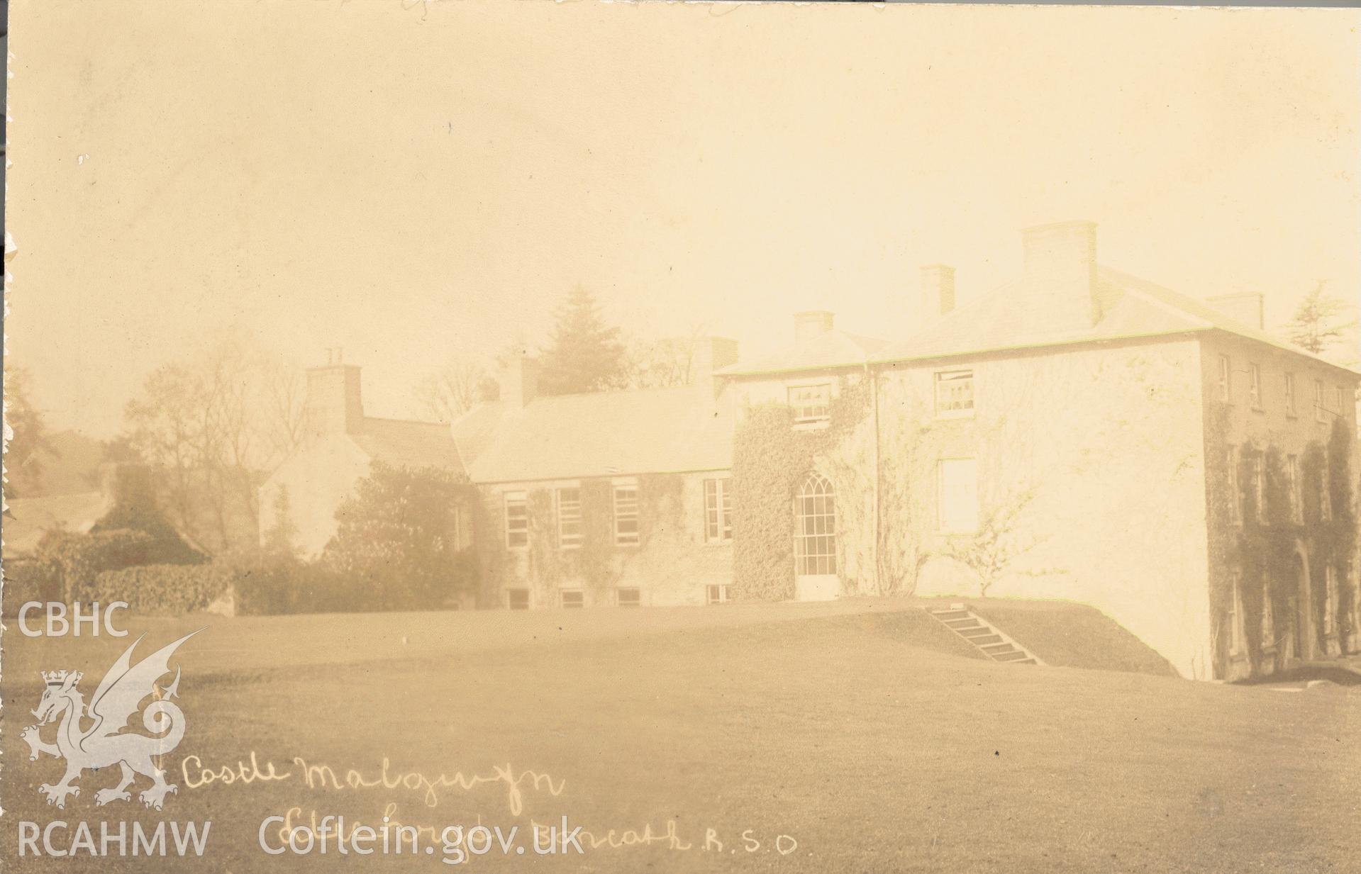 Digitised postcard image of Castle Malgwwyn, Llechryd, R.S.O. Produced by Parks and Gardens Data Services, from an original item in the Peter Davis Collection at Parks and Gardens UK. We hold only web-resolution images of this collection, suitable for viewing on screen and for research purposes only. We do not hold the original images, or publication quality scans.