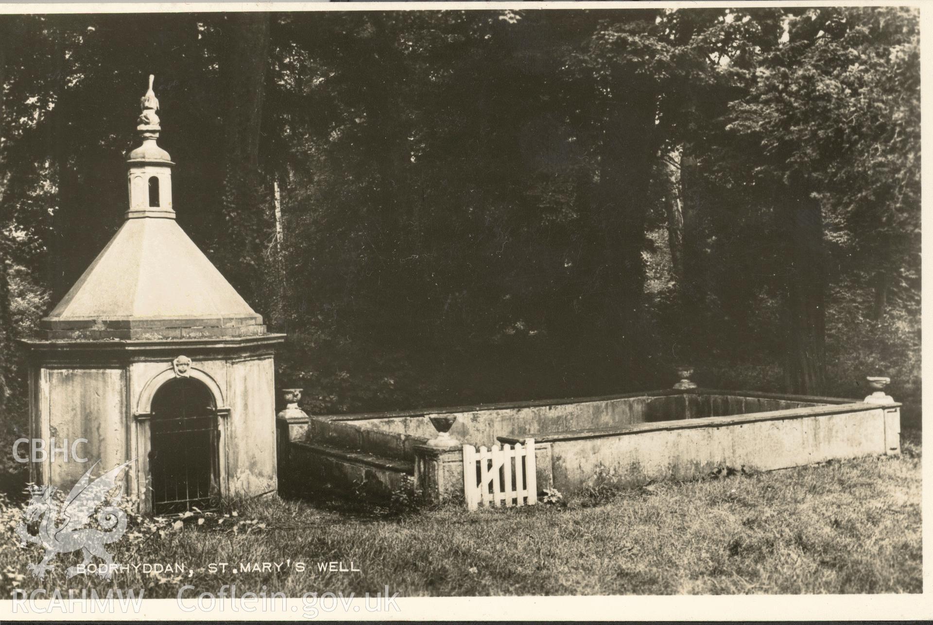 Digitised postcard image of St Mary's Well and Bath, Bodrhyddan Hall, National Buildings Record. Produced by Parks and Gardens Data Services, from an original item in the Peter Davis Collection at Parks and Gardens UK. We hold only web-resolution images of this collection, suitable for viewing on screen and for research purposes only. We do not hold the original images, or publication quality scans.