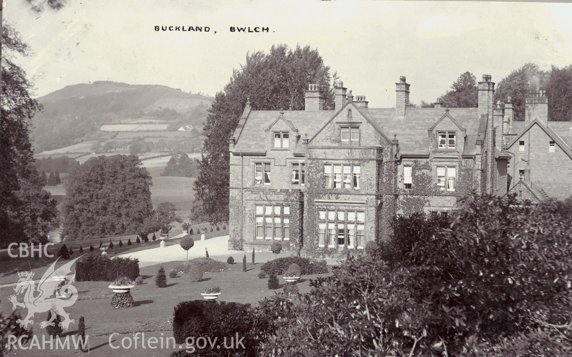 Digitised postcard image of Buckland Hall, Bwlch. Produced by Parks and Gardens Data Services, from an original item in the Peter Davis Collection at Parks and Gardens UK. We hold only web-resolution images of this collection, suitable for viewing on screen and for research purposes only. We do not hold the original images, or publication quality scans.