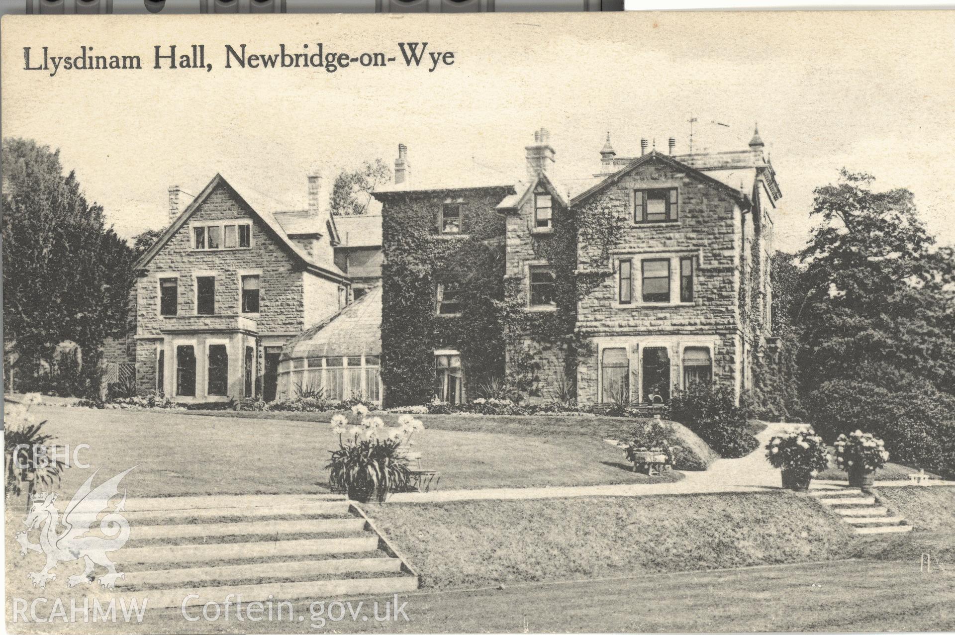 Digitised postcard image of Llysdinam Hall, Newbridge on Wye, Abery, Builth Wells. Produced by Parks and Gardens Data Services, from an original item in the Peter Davis Collection at Parks and Gardens UK. We hold only web-resolution images of this collection, suitable for viewing on screen and for research purposes only. We do not hold the original images, or publication quality scans.